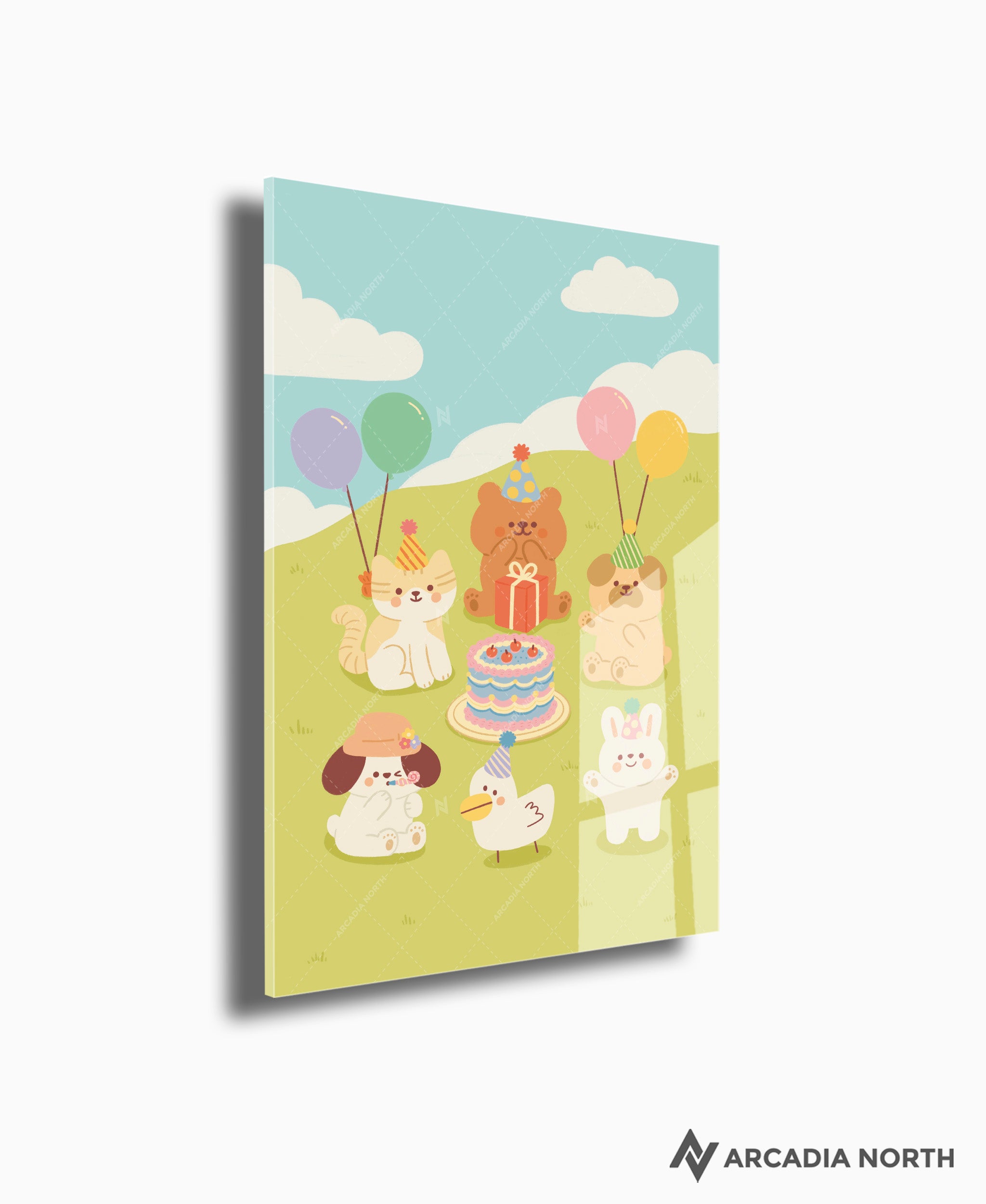 Acrylic poster of a cute animal birthday party. Birthday Party by Wintermelon Shop.