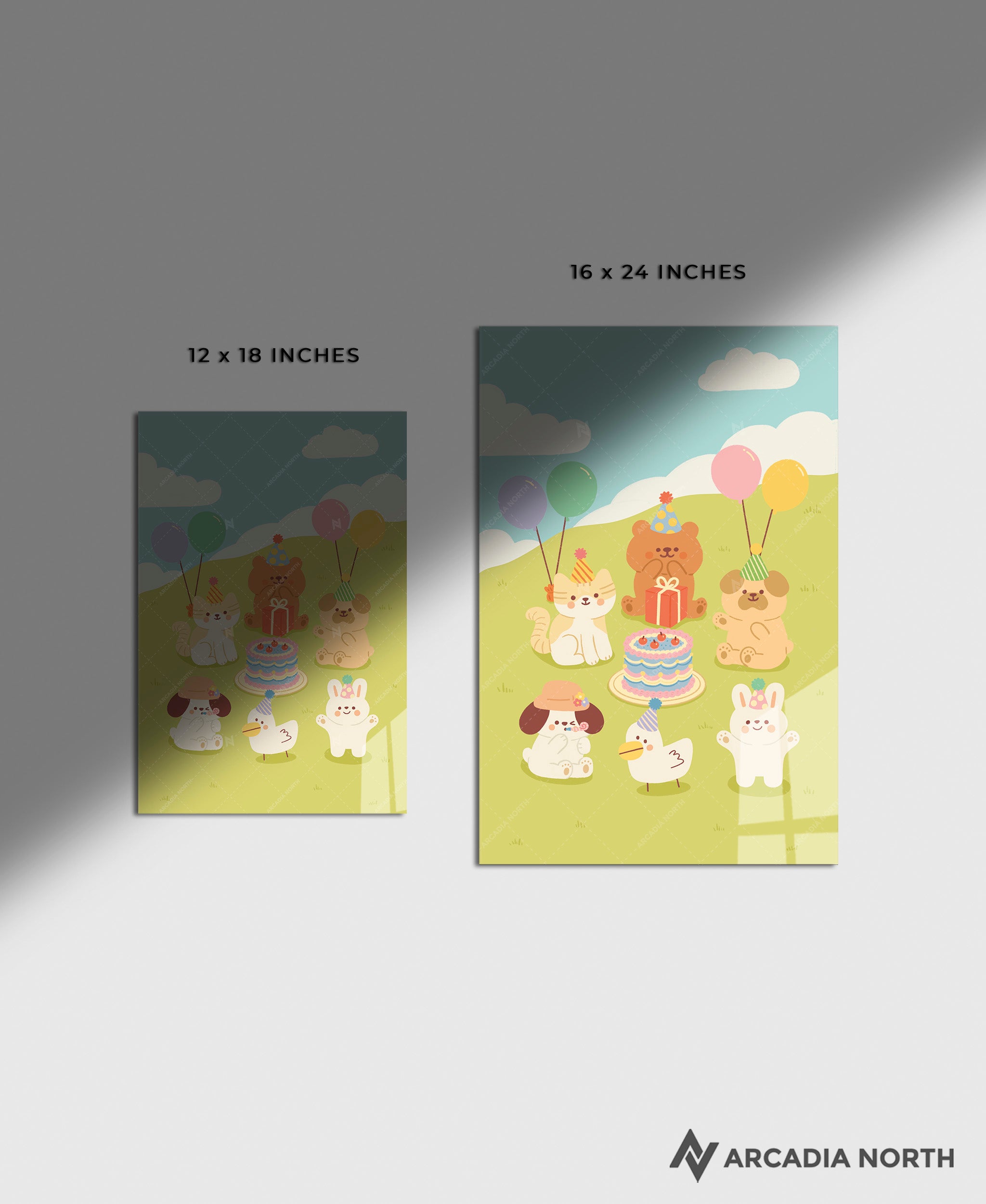 Acrylic poster of a cute animal birthday party. Birthday Party by Wintermelon Shop.