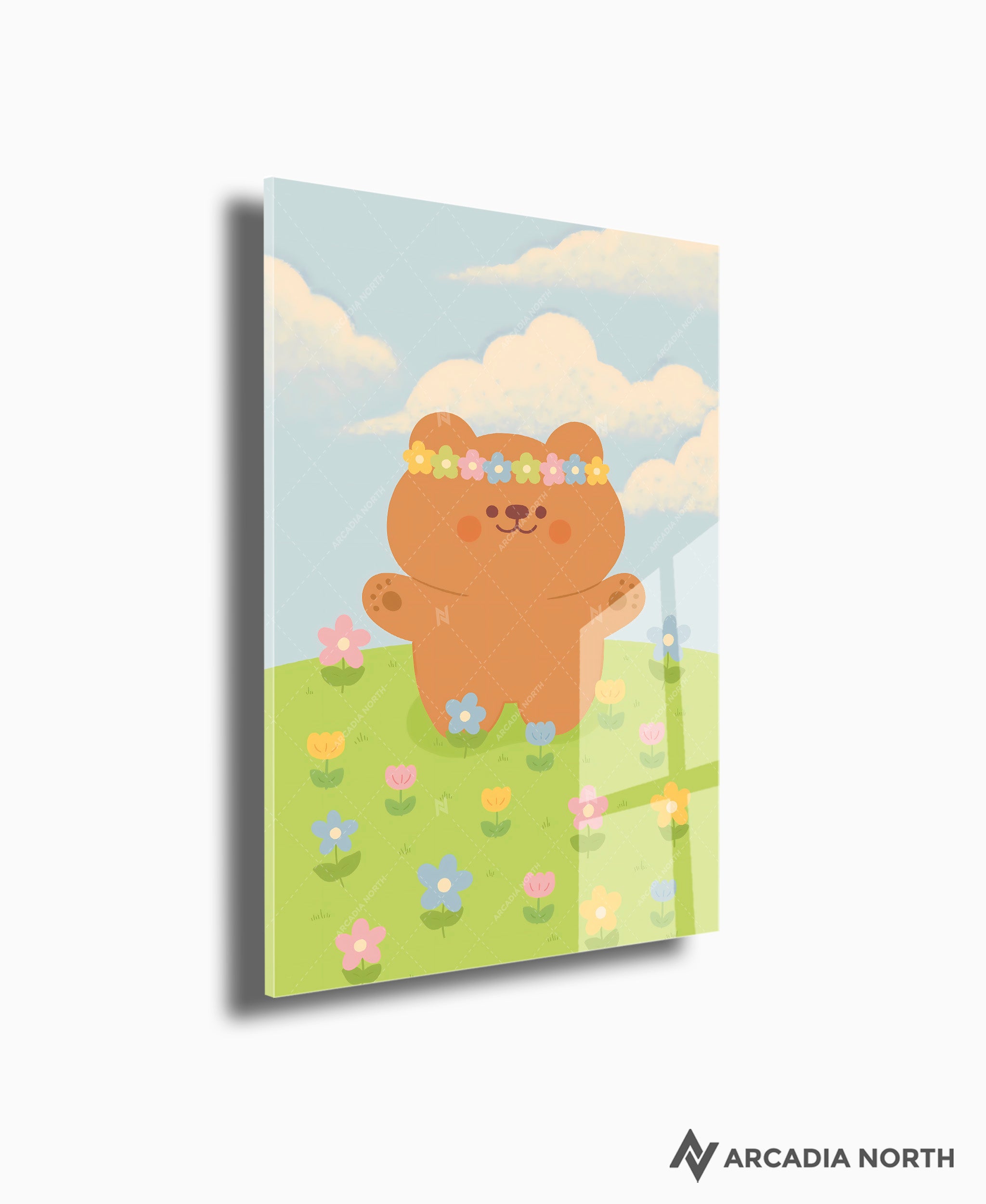 Arcadia North acrylic poster of a cute bear celebrating midsummer/midsommar. Midsommar by Wintermelon Shop. Acrylic wall art printed on acrylic.