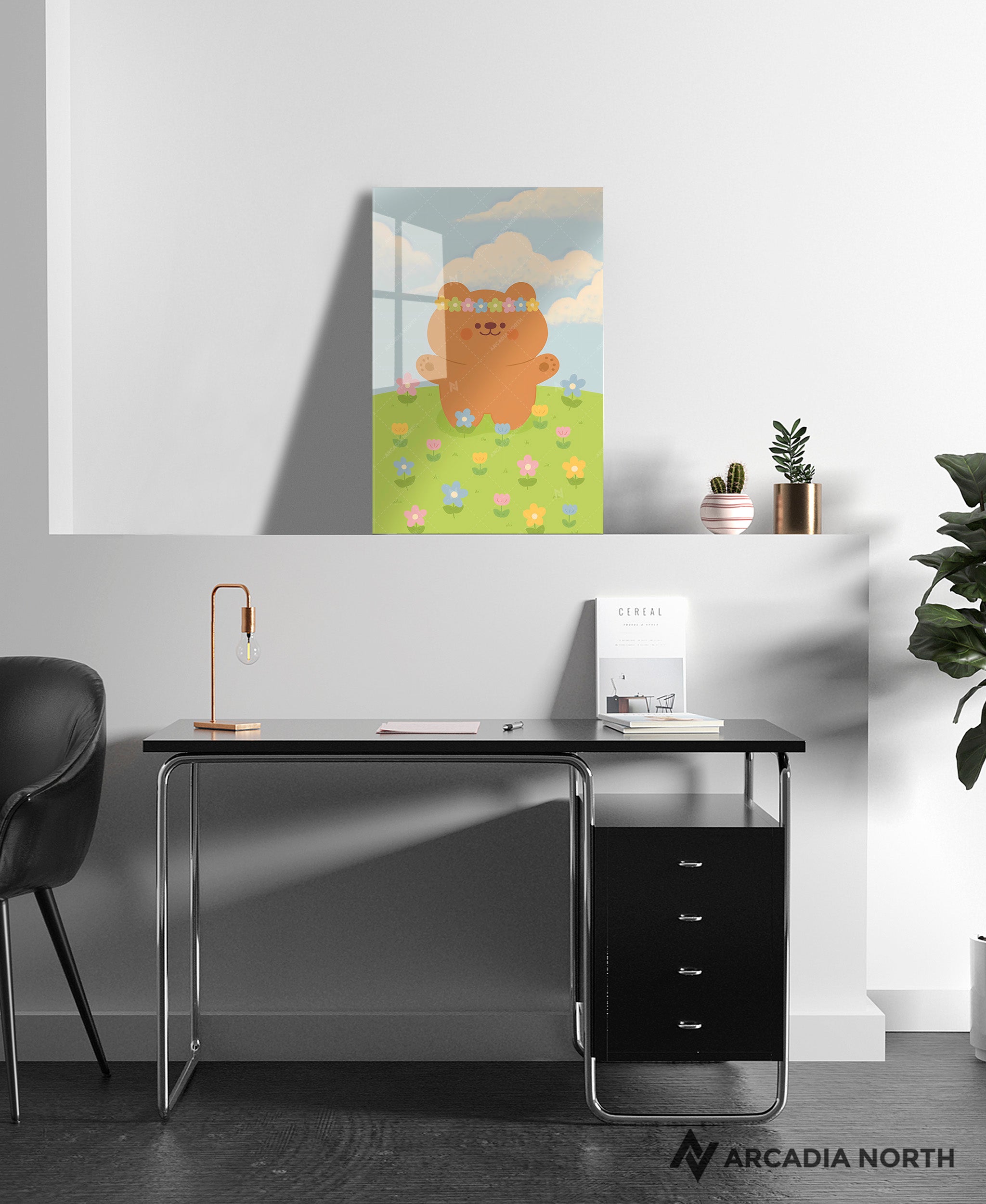 Arcadia North acrylic poster of a cute bear celebrating midsummer/midsommar. Midsommar by Wintermelon Shop. Acrylic wall art printed on acrylic.