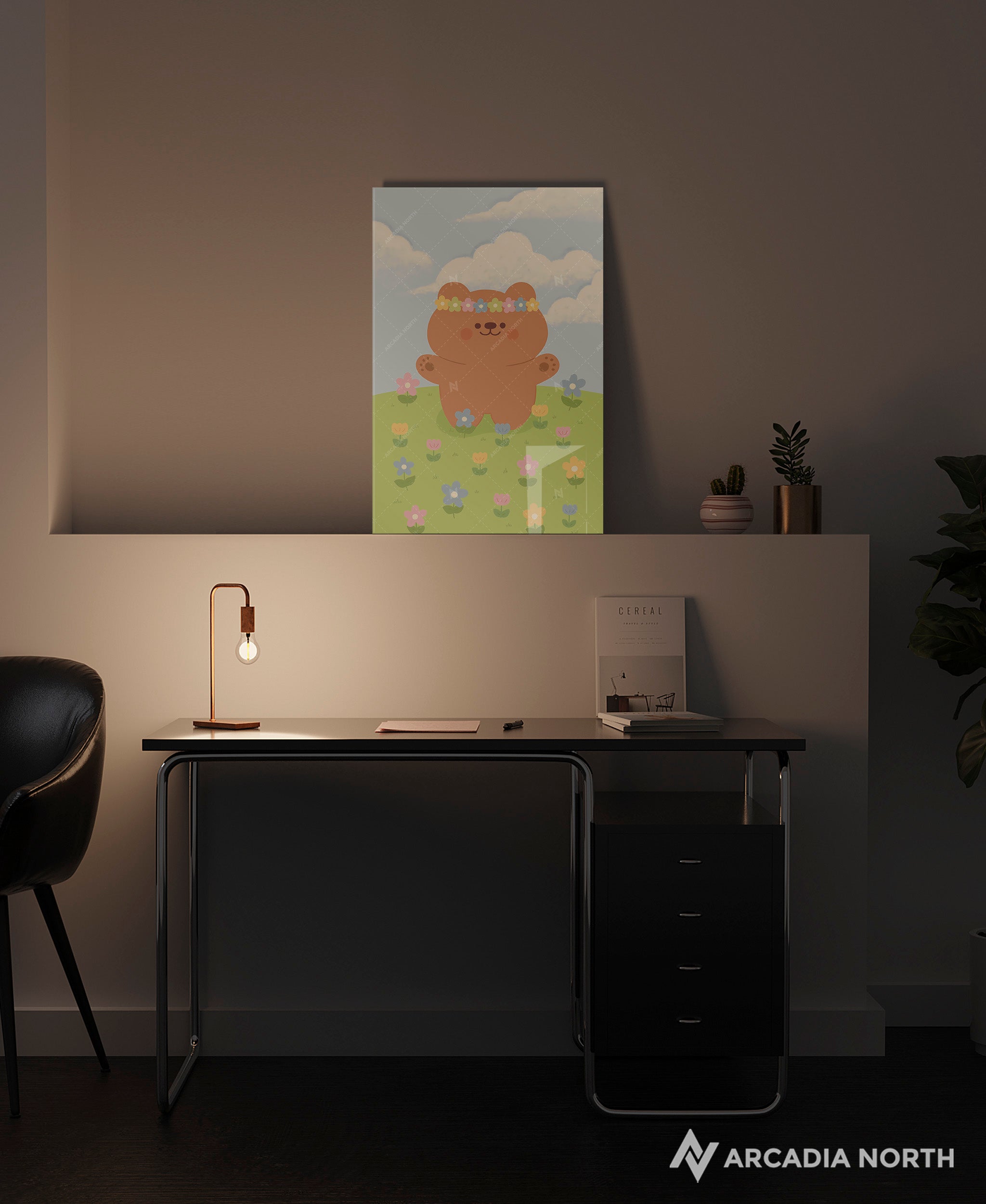 Arcadia North acrylic poster of a cute bear celebrating midsummer/midsommar. Midsommar by Wintermelon Shop. Acrylic wall art printed on acrylic.