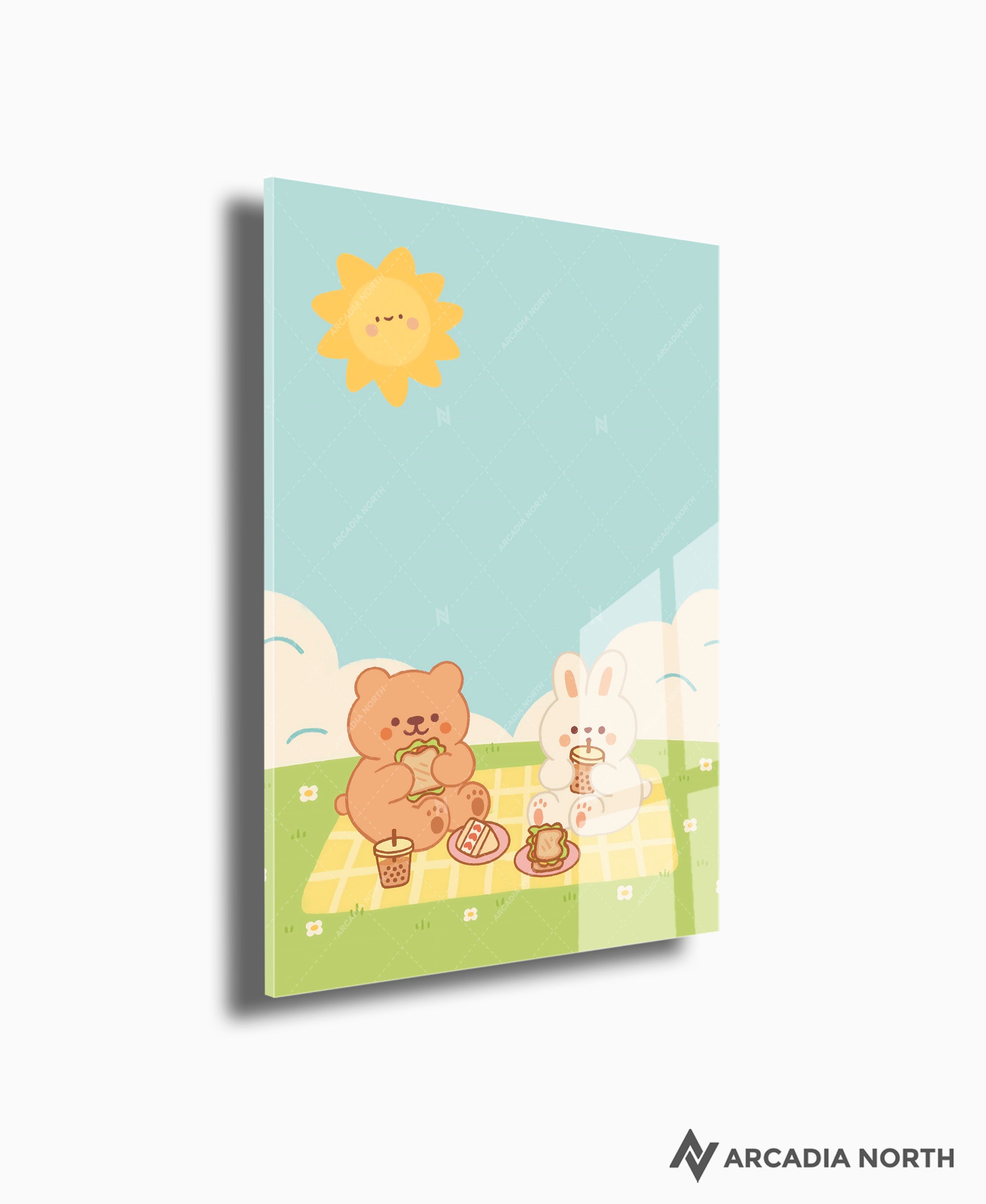 Arcadia North acrylic poster of a cute bear and bunny having a picnic together. Picnic by Wintermelon Shop. Acrylic wall art printed on acrylic.