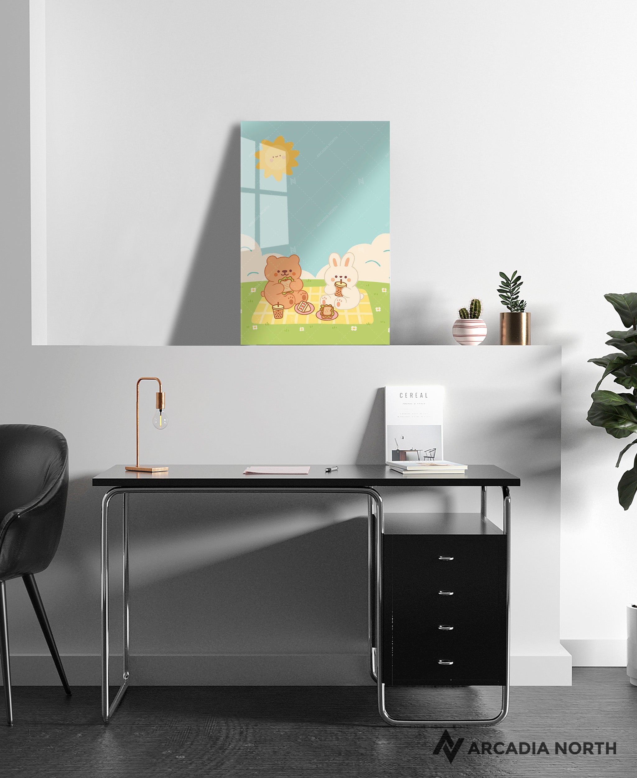 Arcadia North acrylic poster of a cute bear and bunny having a picnic together. Picnic by Wintermelon Shop. Acrylic wall art printed on acrylic.