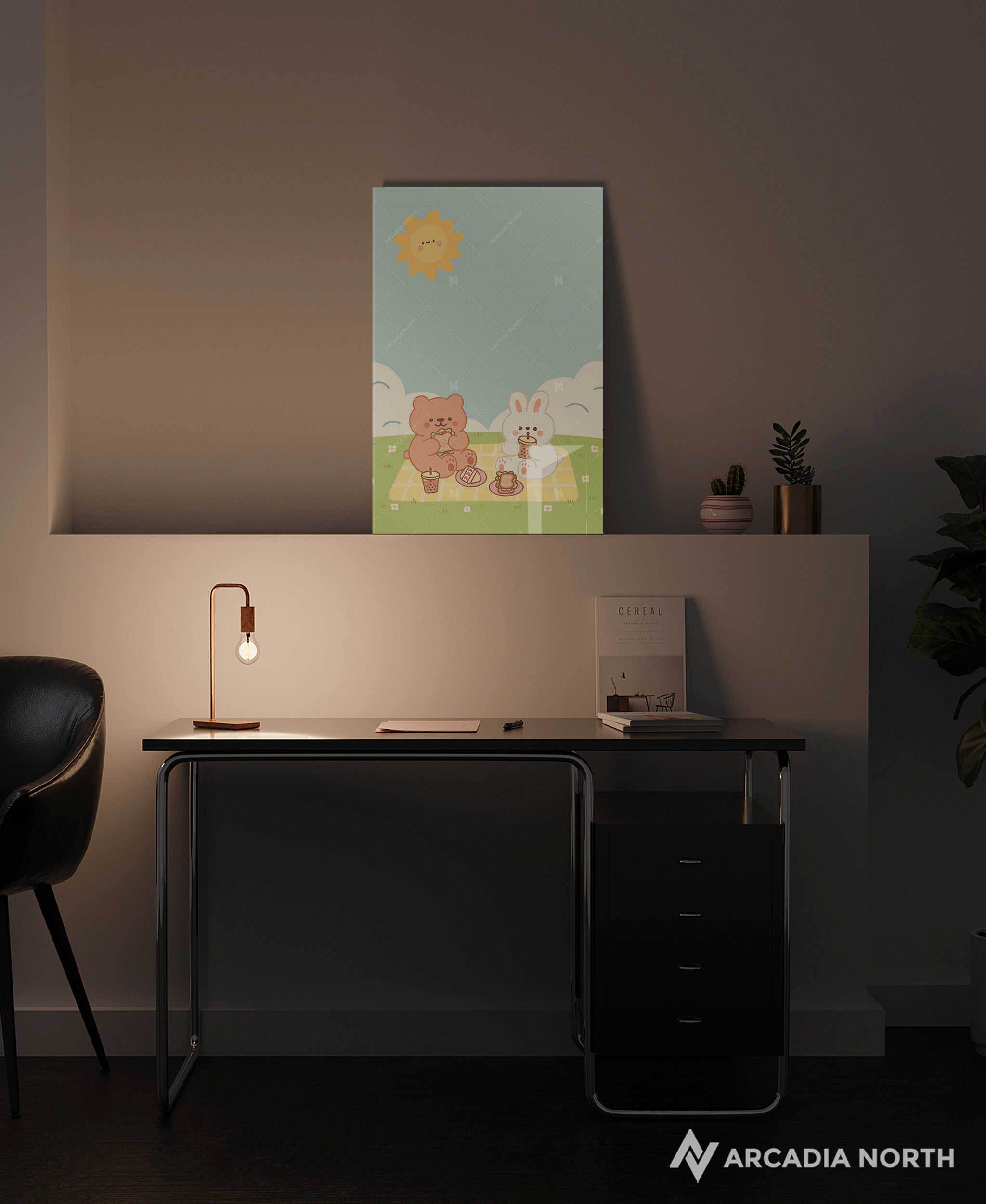 Arcadia North acrylic poster of a cute bear and bunny having a picnic together. Picnic by Wintermelon Shop. Acrylic wall art printed on acrylic.