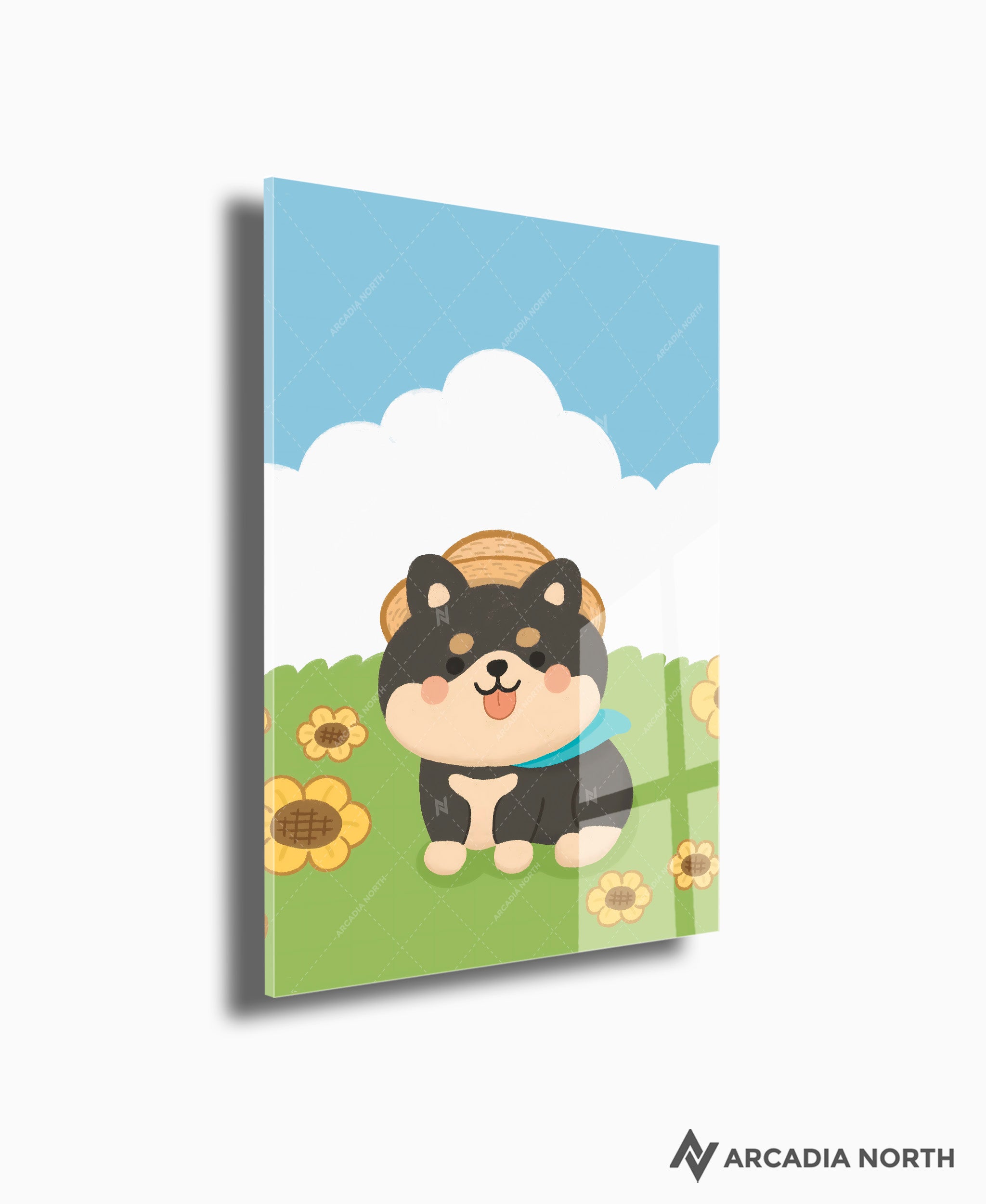 Arcadia North acrylic poster of a cute black and tan shiba inu in a sunflower field. Sunflower Shiba by Wintermelon Shop. Acrylic wall art printed on acrylic.