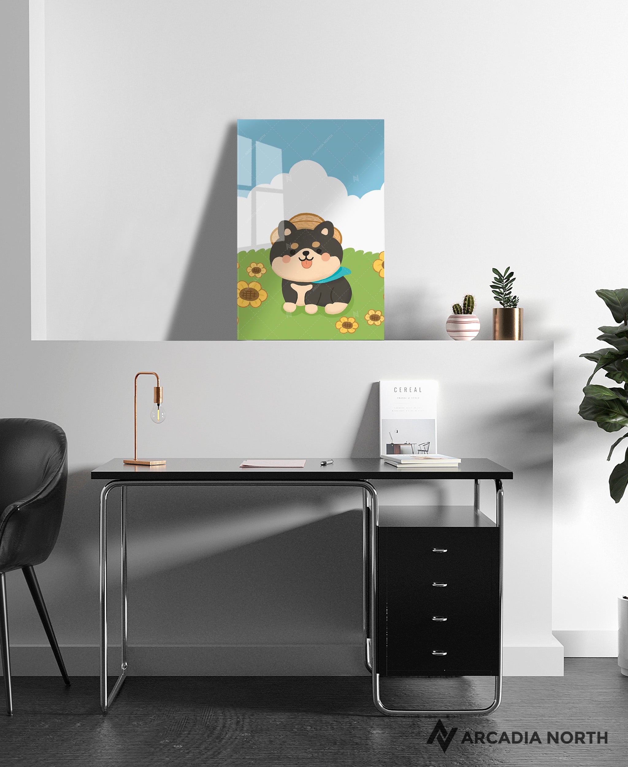 Arcadia North acrylic poster of a cute black and tan shiba inu in a sunflower field. Sunflower Shiba by Wintermelon Shop. Acrylic wall art printed on acrylic.