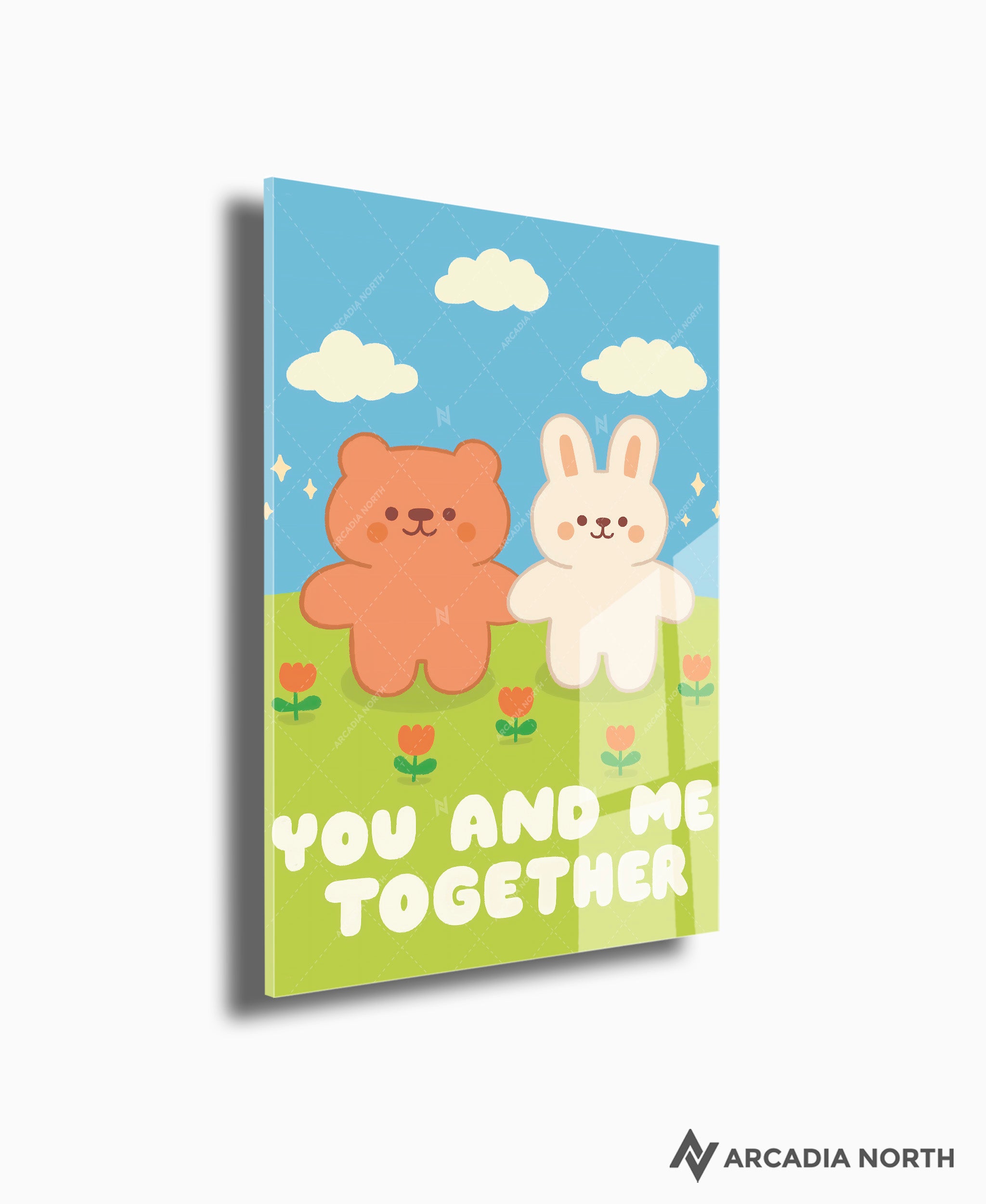 Arcadia North acrylic poster of a cute bear and bunny holding hands. You and Me Together by Wintermelon Shop. Acrylic wall art printed on acrylic.