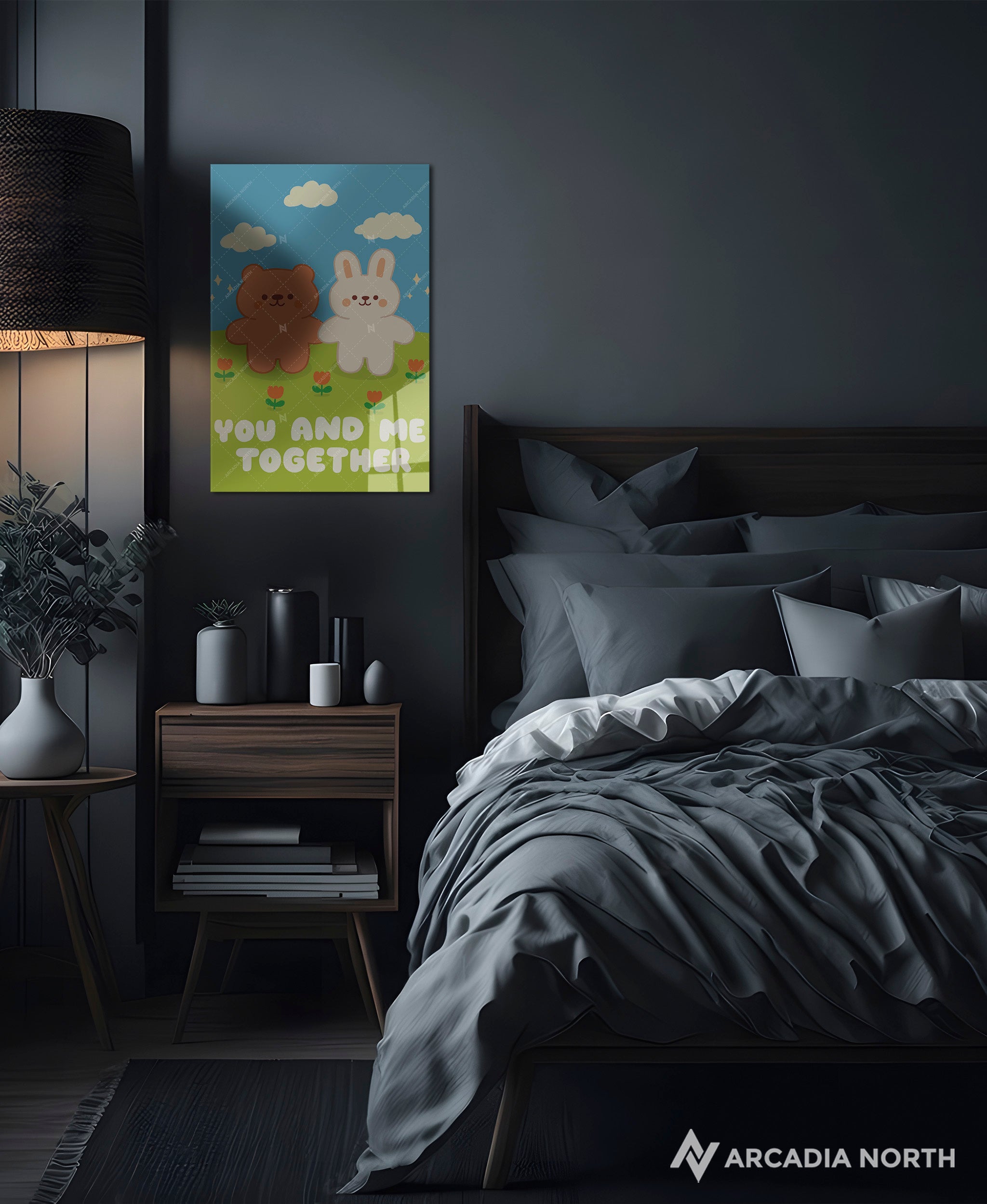 Arcadia North acrylic poster of a cute bear and bunny holding hands. You and Me Together by Wintermelon Shop. Acrylic wall art printed on acrylic.