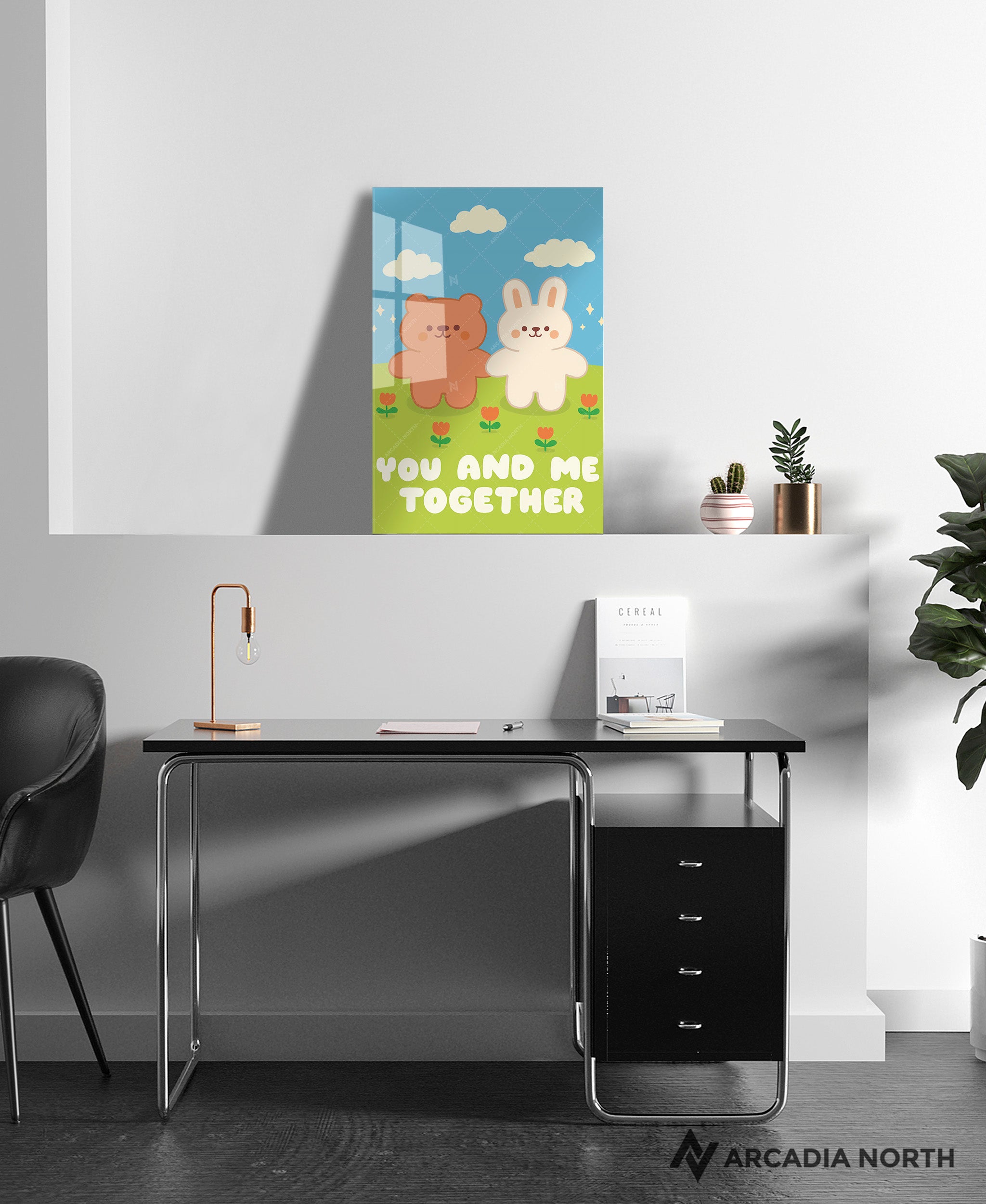 Arcadia North acrylic poster of a cute bear and bunny holding hands. You and Me Together by Wintermelon Shop. Acrylic wall art printed on acrylic.