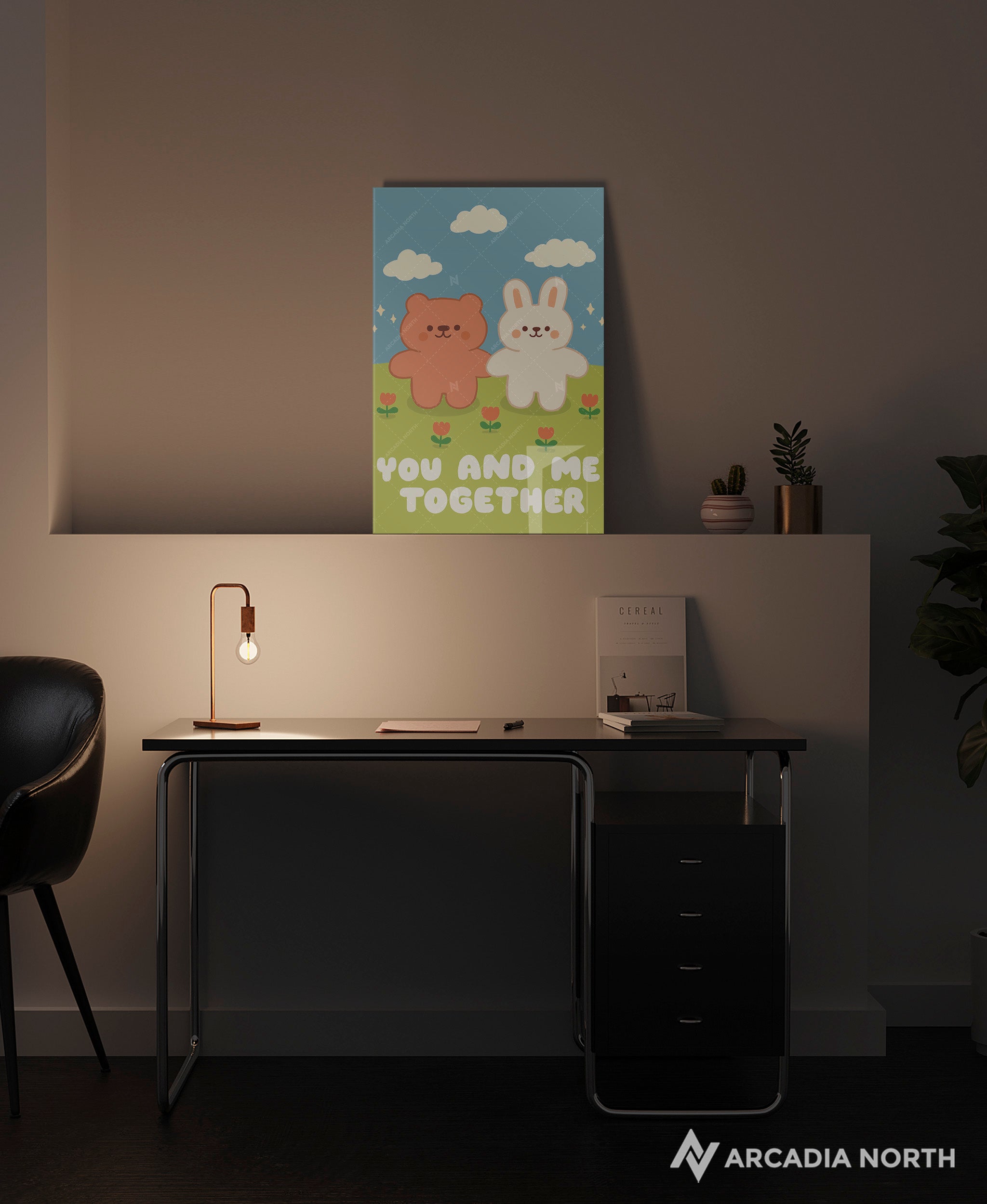 Arcadia North acrylic poster of a cute bear and bunny holding hands. You and Me Together by Wintermelon Shop. Acrylic wall art printed on acrylic.