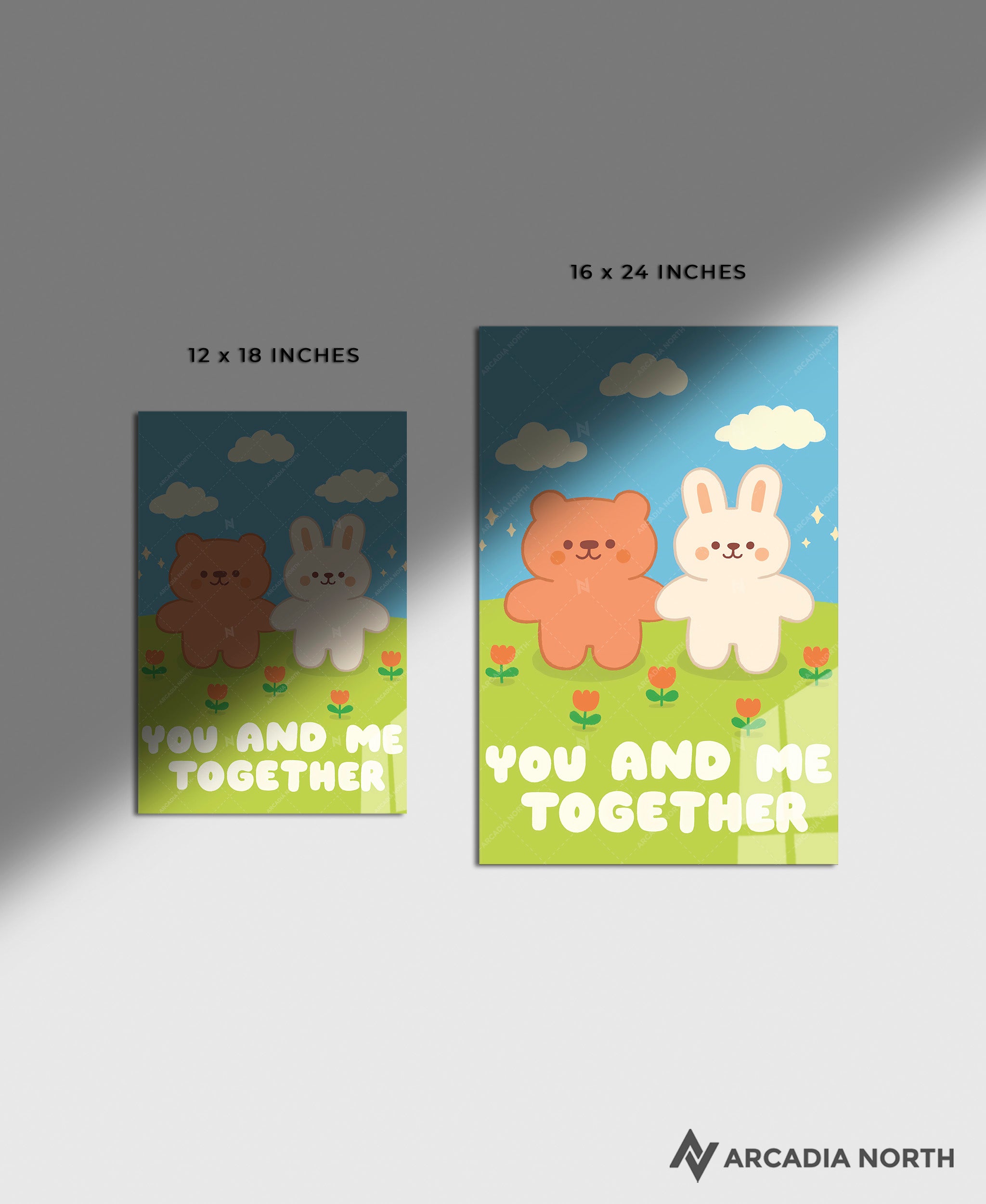 Arcadia North acrylic poster of a cute bear and bunny holding hands. You and Me Together by Wintermelon Shop. Acrylic wall art printed on acrylic.