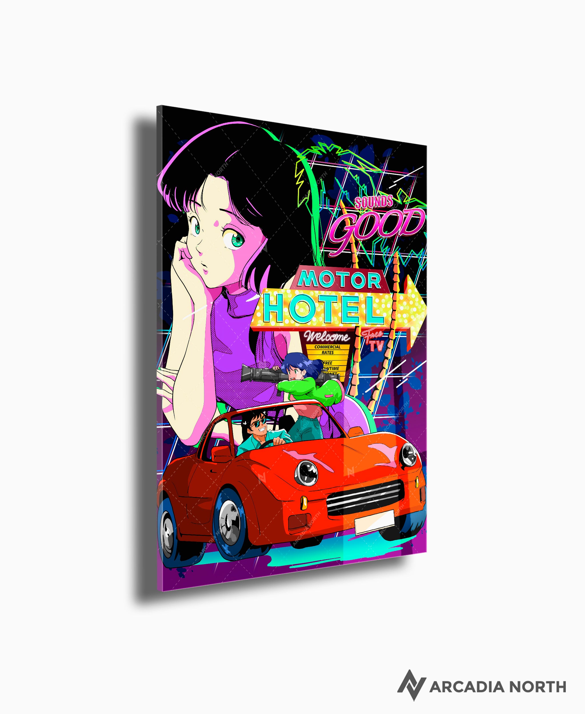 Arcadia North acrylic poster of a retro 80s anime aesthetic neon getaway. HOTEL by Japanese artist chao!. Acrylic wall art printed on acrylic.