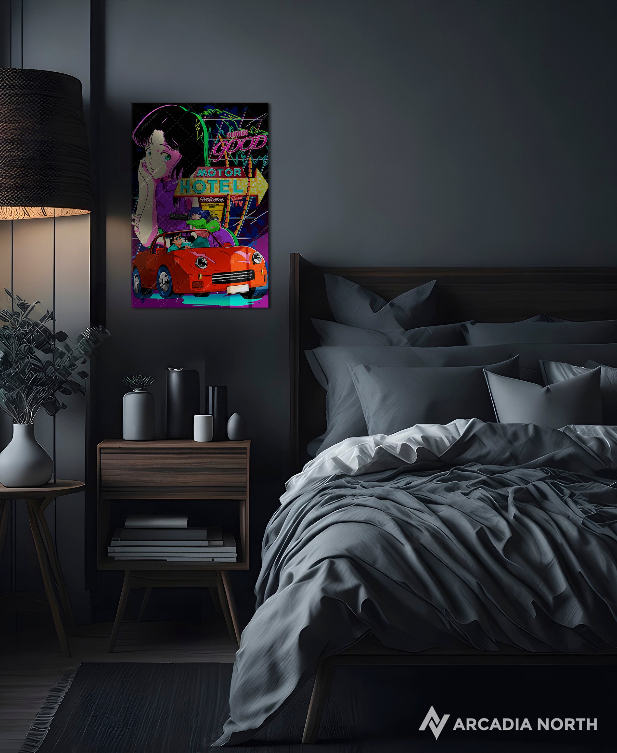 Arcadia North acrylic poster of a retro 80s anime aesthetic neon getaway. HOTEL by Japanese artist chao!. Acrylic wall art printed on acrylic.