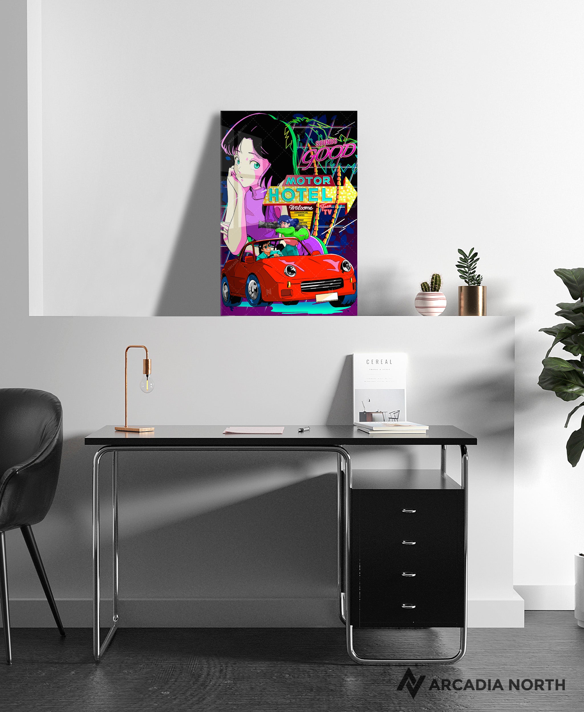 Arcadia North acrylic poster of a retro 80s anime aesthetic neon getaway. HOTEL by Japanese artist chao!. Acrylic wall art printed on acrylic.