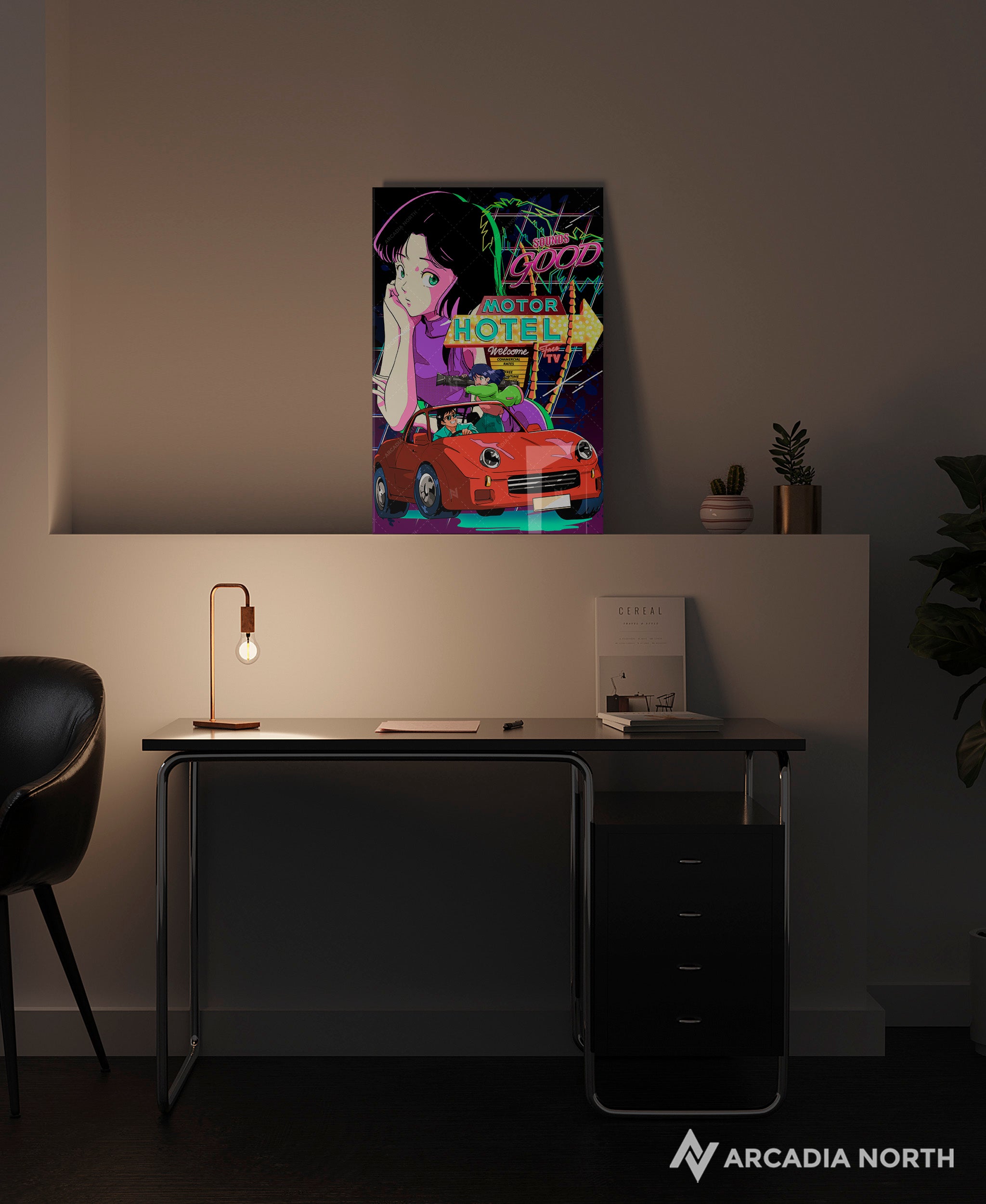 Arcadia North acrylic poster of a retro 80s anime aesthetic neon getaway. HOTEL by Japanese artist chao!. Acrylic wall art printed on acrylic.