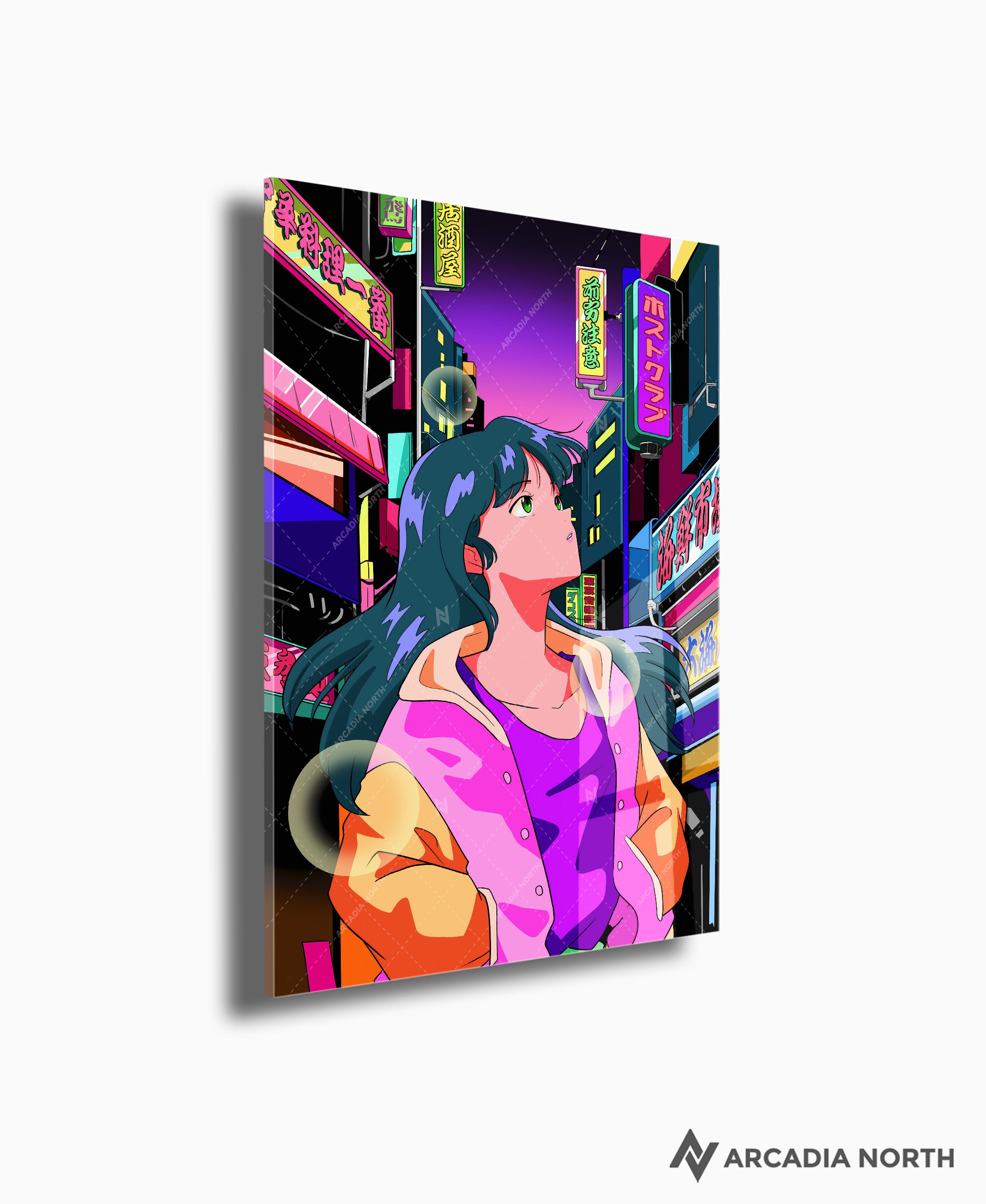 Arcadia North acrylic poster of a retro 80s anime aesthetic girl exploring a Japanese neon city. NIGHT CITY by Japanese artist chao!. Acrylic wall art printed on acrylic.