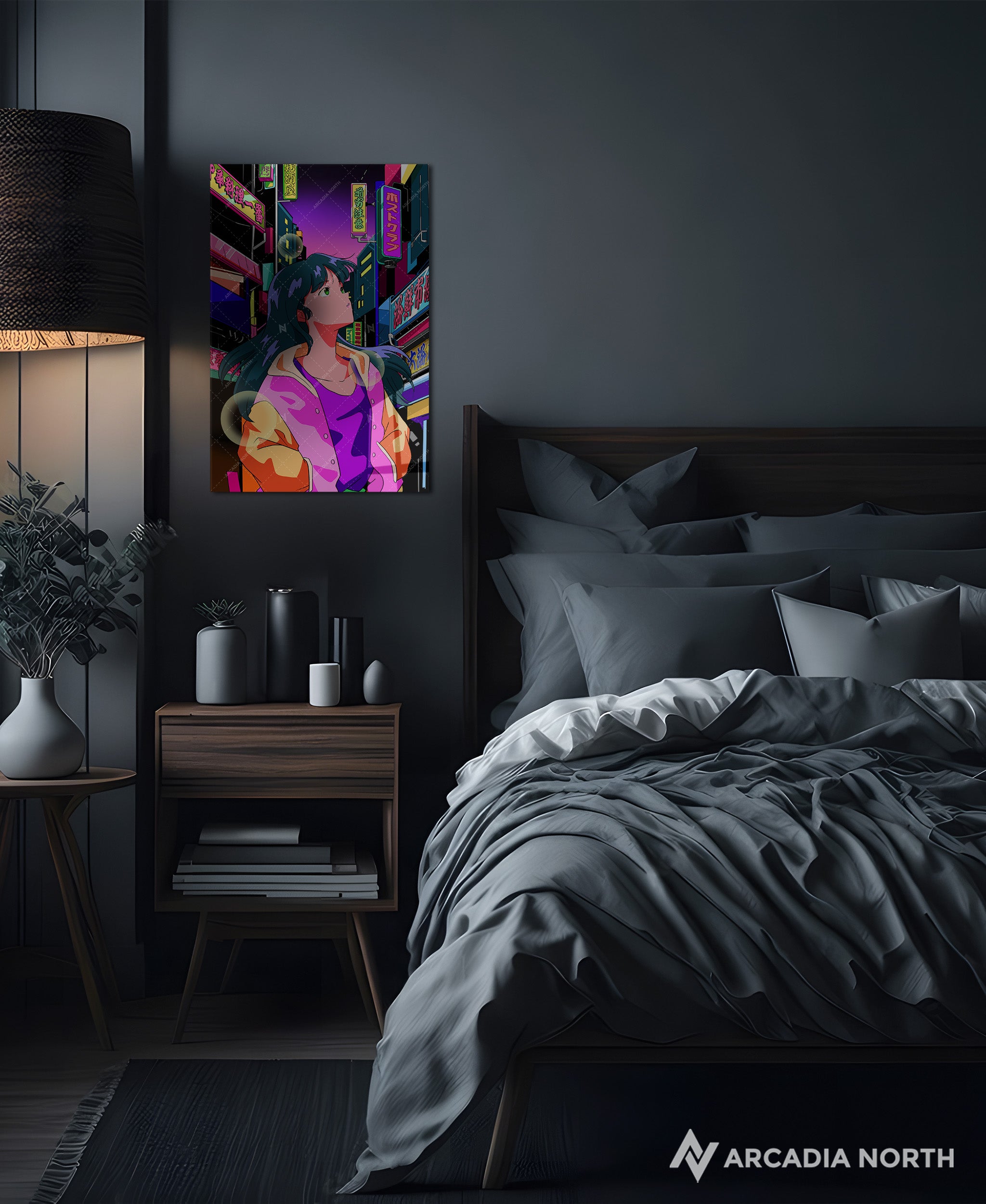 Arcadia North acrylic poster of a retro 80s anime aesthetic girl exploring a Japanese neon city. NIGHT CITY by Japanese artist chao!. Acrylic wall art printed on acrylic.