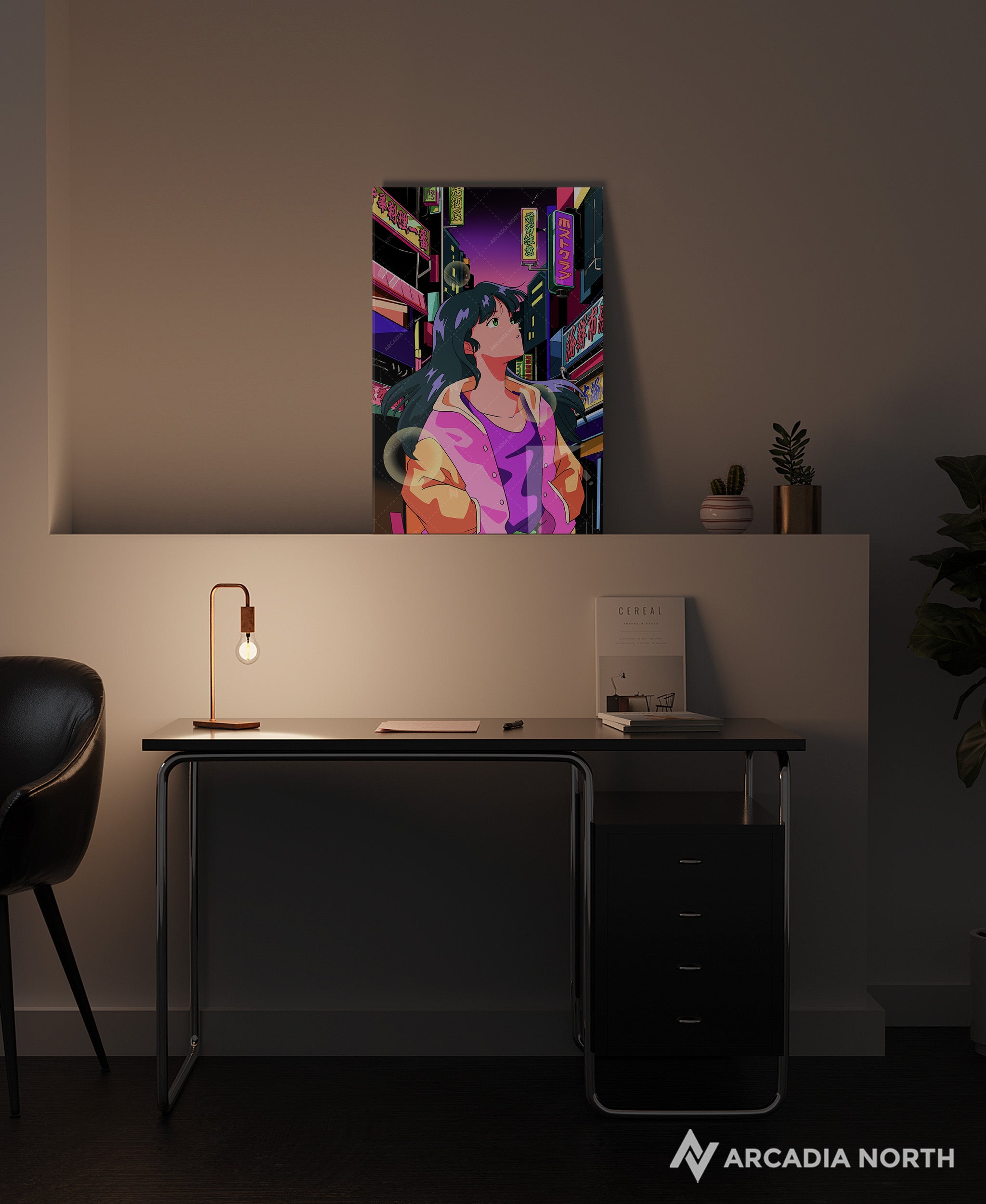 Arcadia North acrylic poster of a retro 80s anime aesthetic girl exploring a Japanese neon city. NIGHT CITY by Japanese artist chao!. Acrylic wall art printed on acrylic.