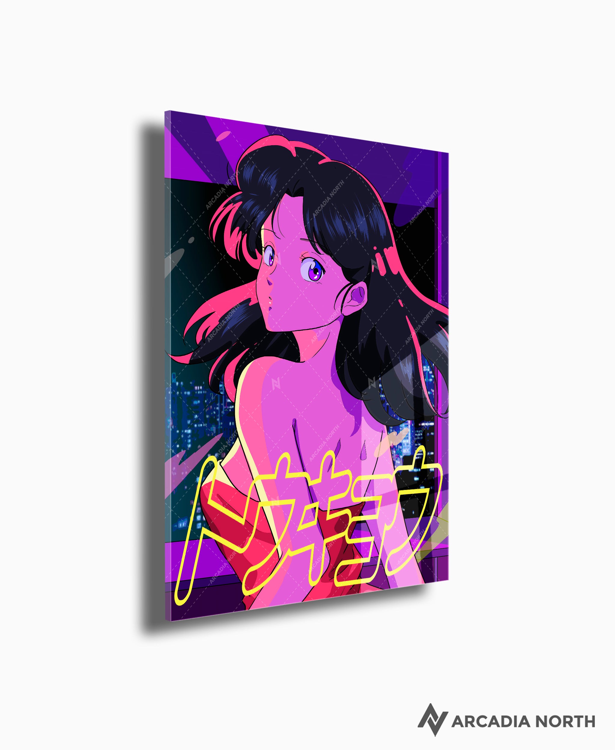 Arcadia North acrylic poster of a retro 80s anime aesthetic girl in a red dress. City pop vibe. Tokyo is written in neon Katakana. TOKYO by Japanese artist chao!. Acrylic wall art printed on acrylic.