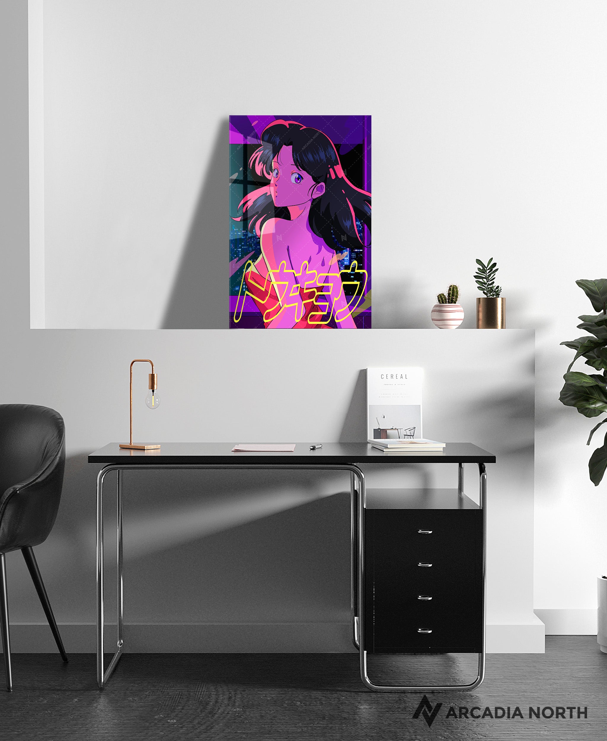 Arcadia North acrylic poster of a retro 80s anime aesthetic girl in a red dress. City pop vibe. Tokyo is written in neon Katakana. TOKYO by Japanese artist chao!. Acrylic wall art printed on acrylic.