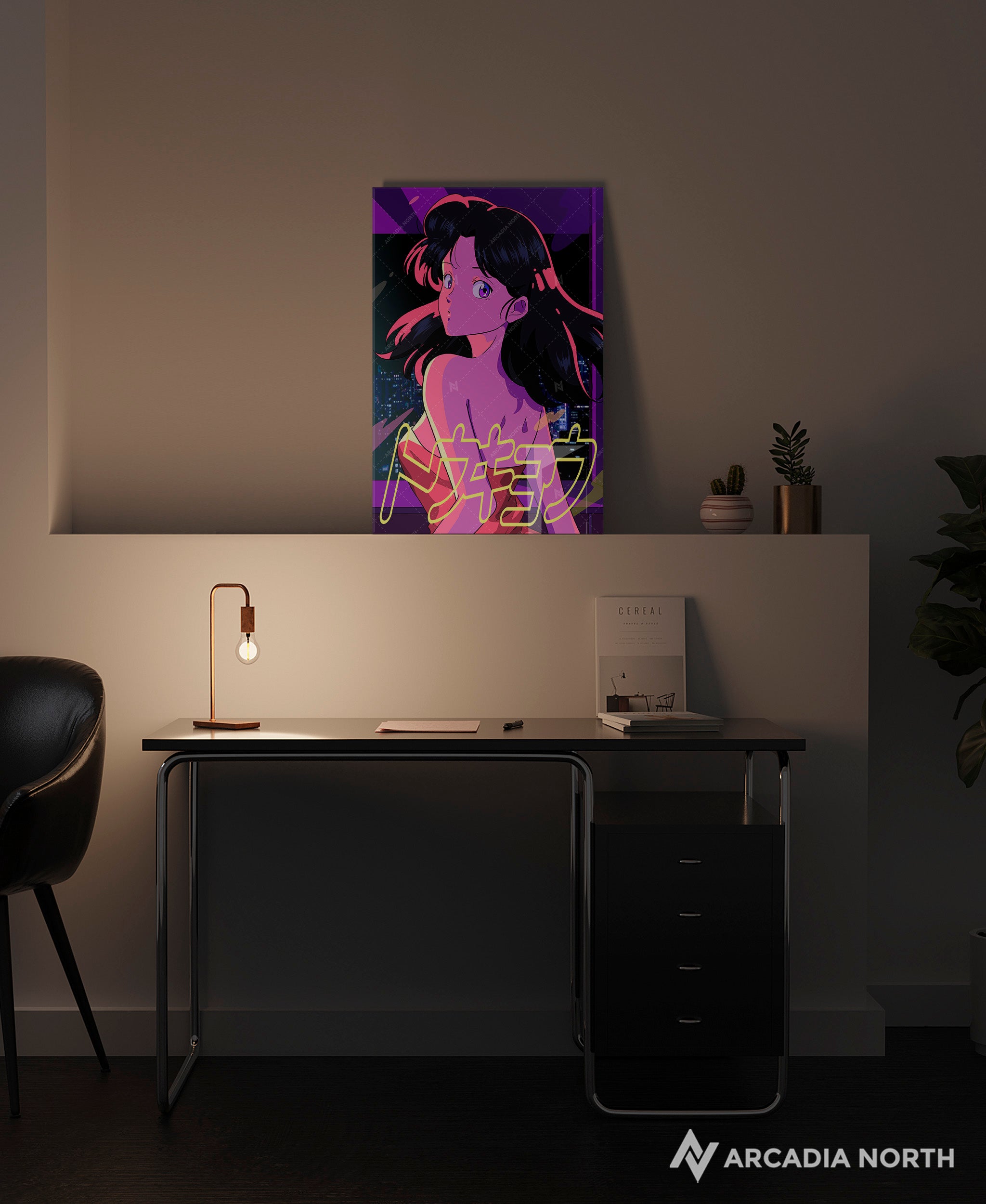 Arcadia North acrylic poster of a retro 80s anime aesthetic girl in a red dress. City pop vibe. Tokyo is written in neon Katakana. TOKYO by Japanese artist chao!. Acrylic wall art printed on acrylic.