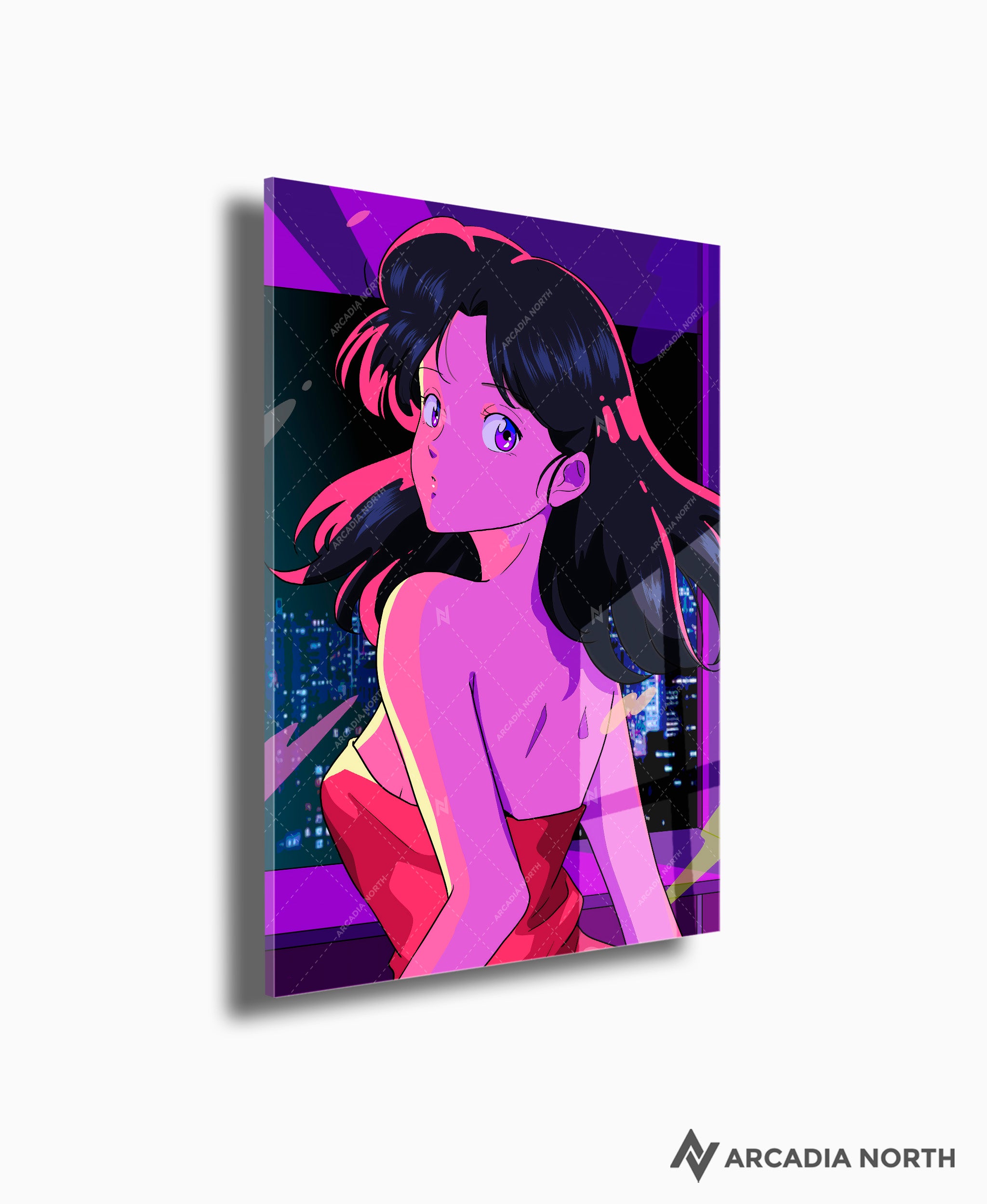 Arcadia North acrylic poster of a retro 80s anime aesthetic girl in a red dress. City pop vibe. TOKYO by Japanese artist chao!. Acrylic wall art printed on acrylic.