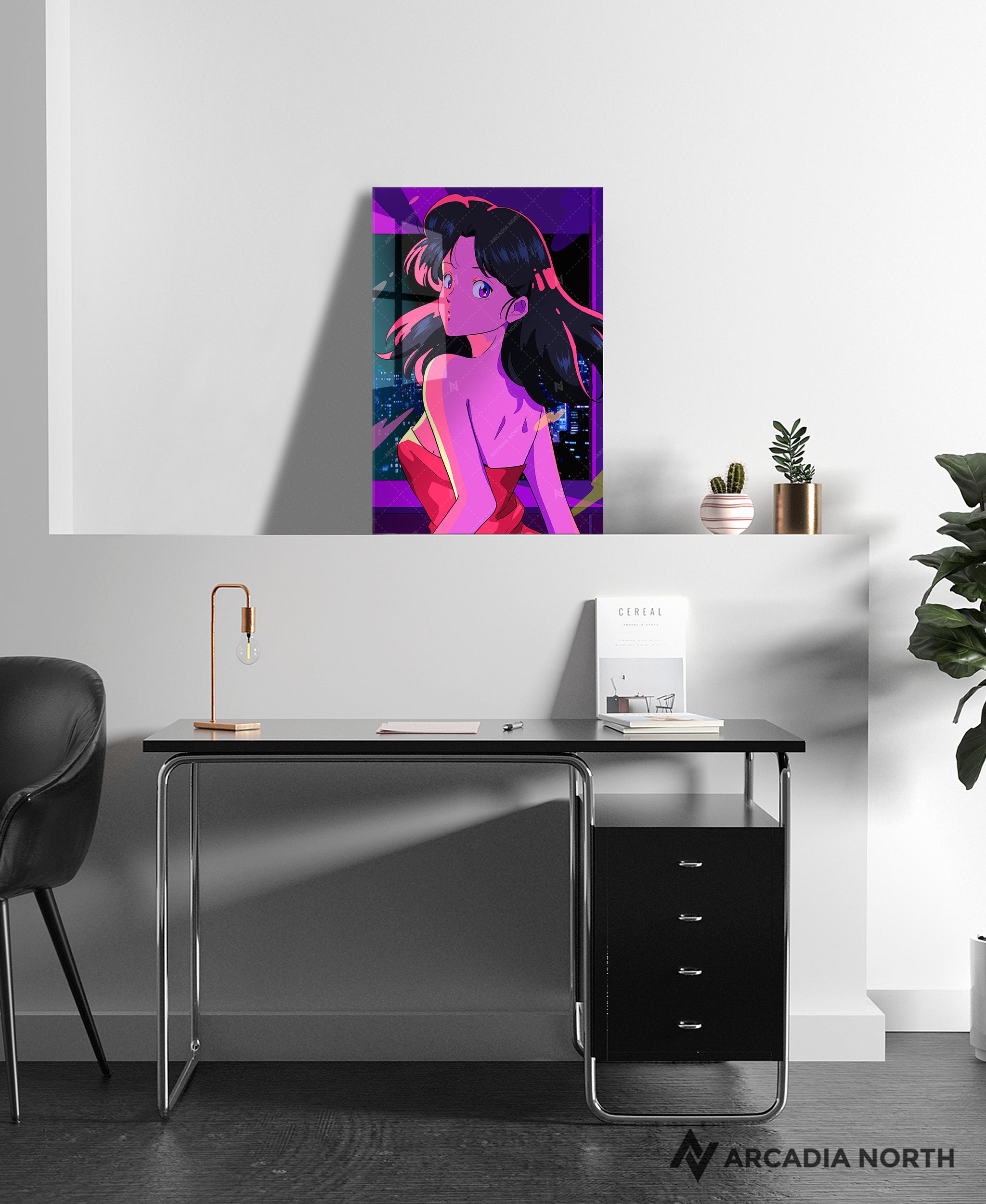 Arcadia North acrylic poster of a retro 80s anime aesthetic girl in a red dress. City pop vibe. TOKYO by Japanese artist chao!. Acrylic wall art printed on acrylic.