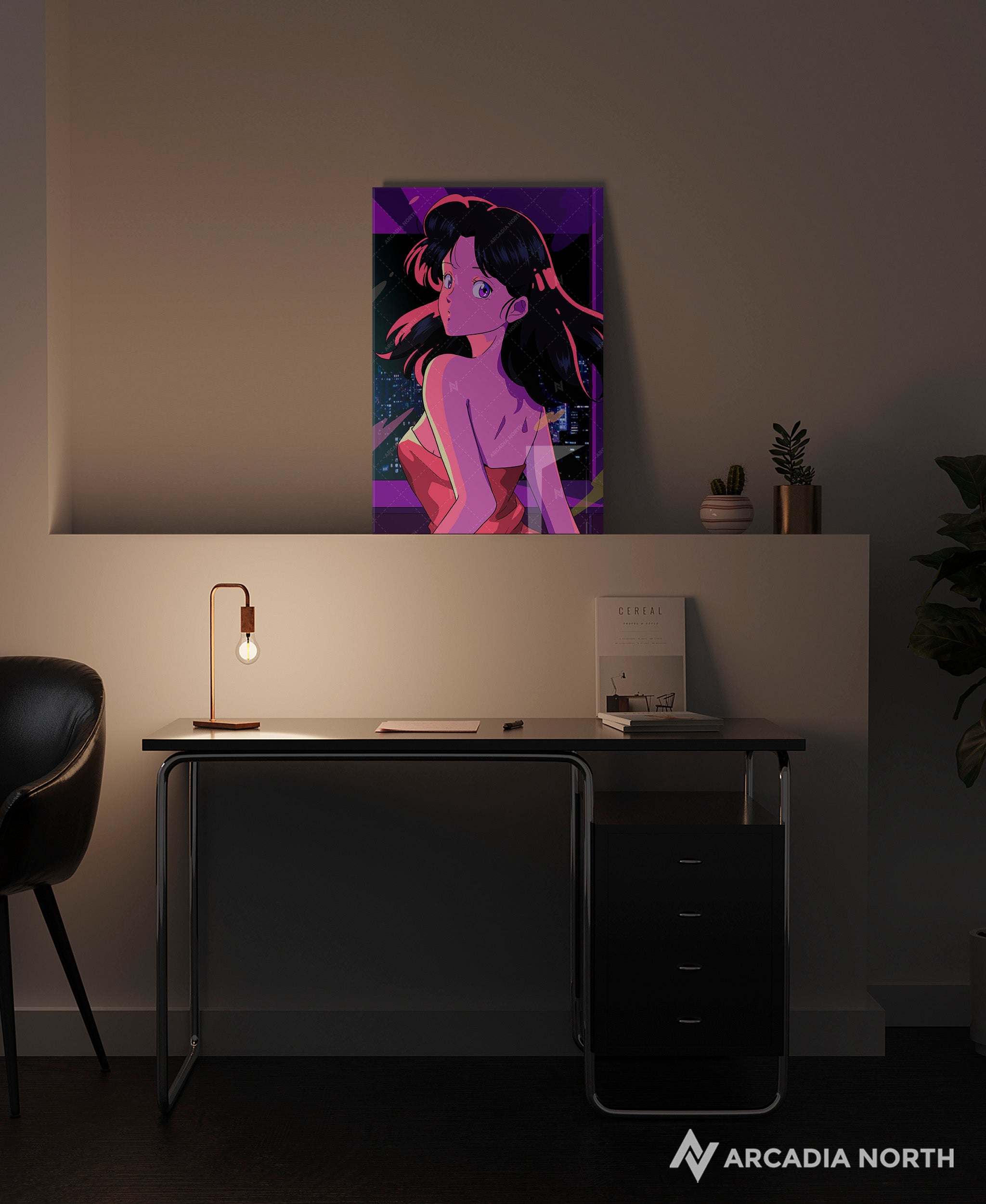 Arcadia North acrylic poster of a retro 80s anime aesthetic girl in a red dress. City pop vibe. TOKYO by Japanese artist chao!. Acrylic wall art printed on acrylic.