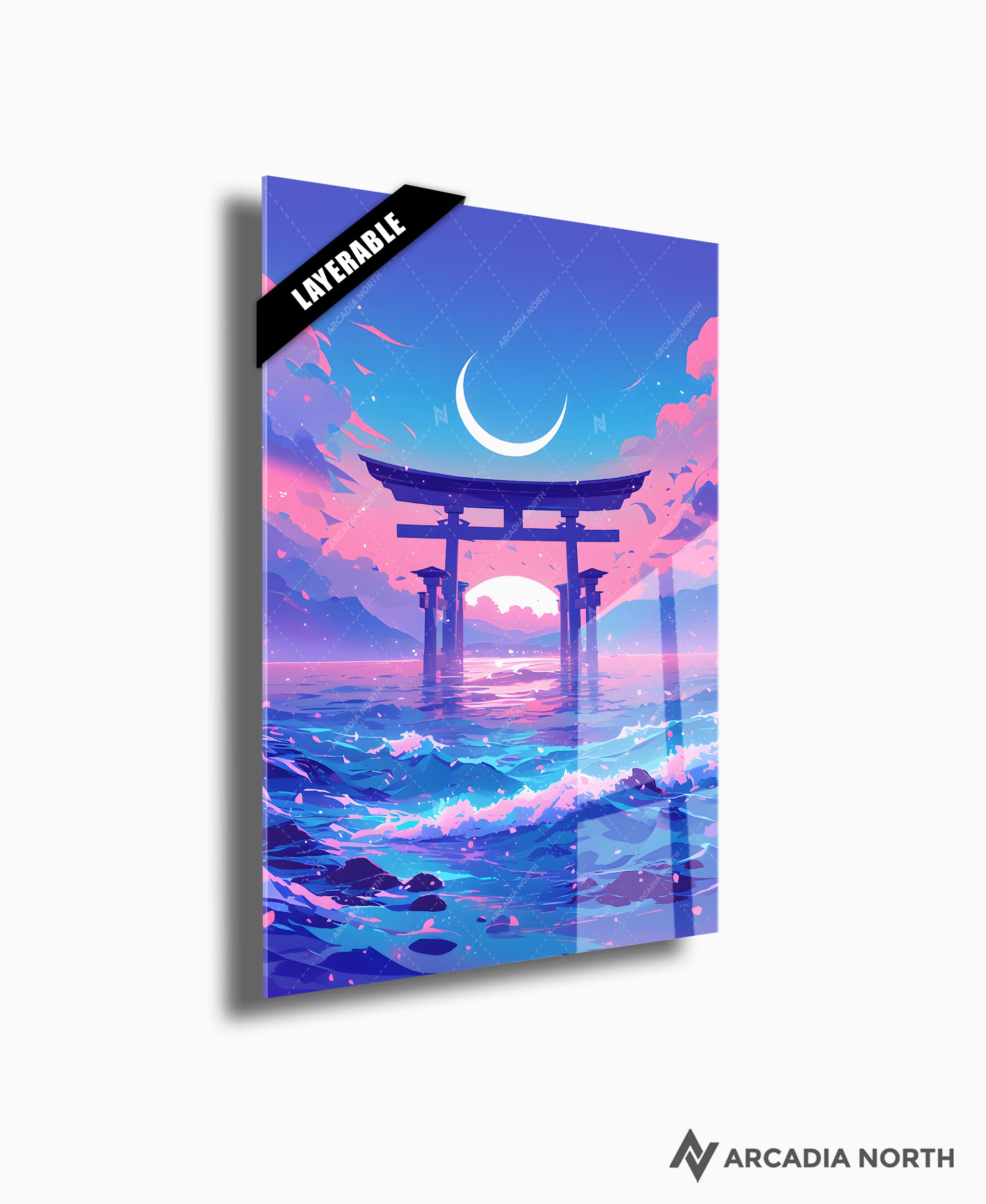 Acrylic poster of a pastel ethereal dreamscape of a Japanese torii gate in the water. Torii of Dreams by Arcadia North. Layerable acrylic poster. Can be used as a background for a layerable transparent acrylic poster.