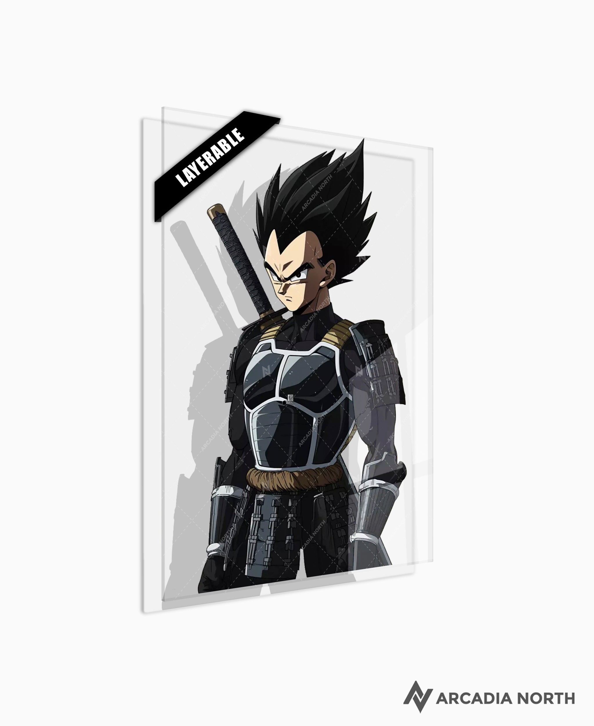 Dragon Ball anime acrylic poster by Arcadia North. Featuring Vegeta as a samurai on a transparent background. Layerable acrylic poster. Can be used as a foreground for a layerable background acrylic poster. Acrylic wall art printed on acrylic.