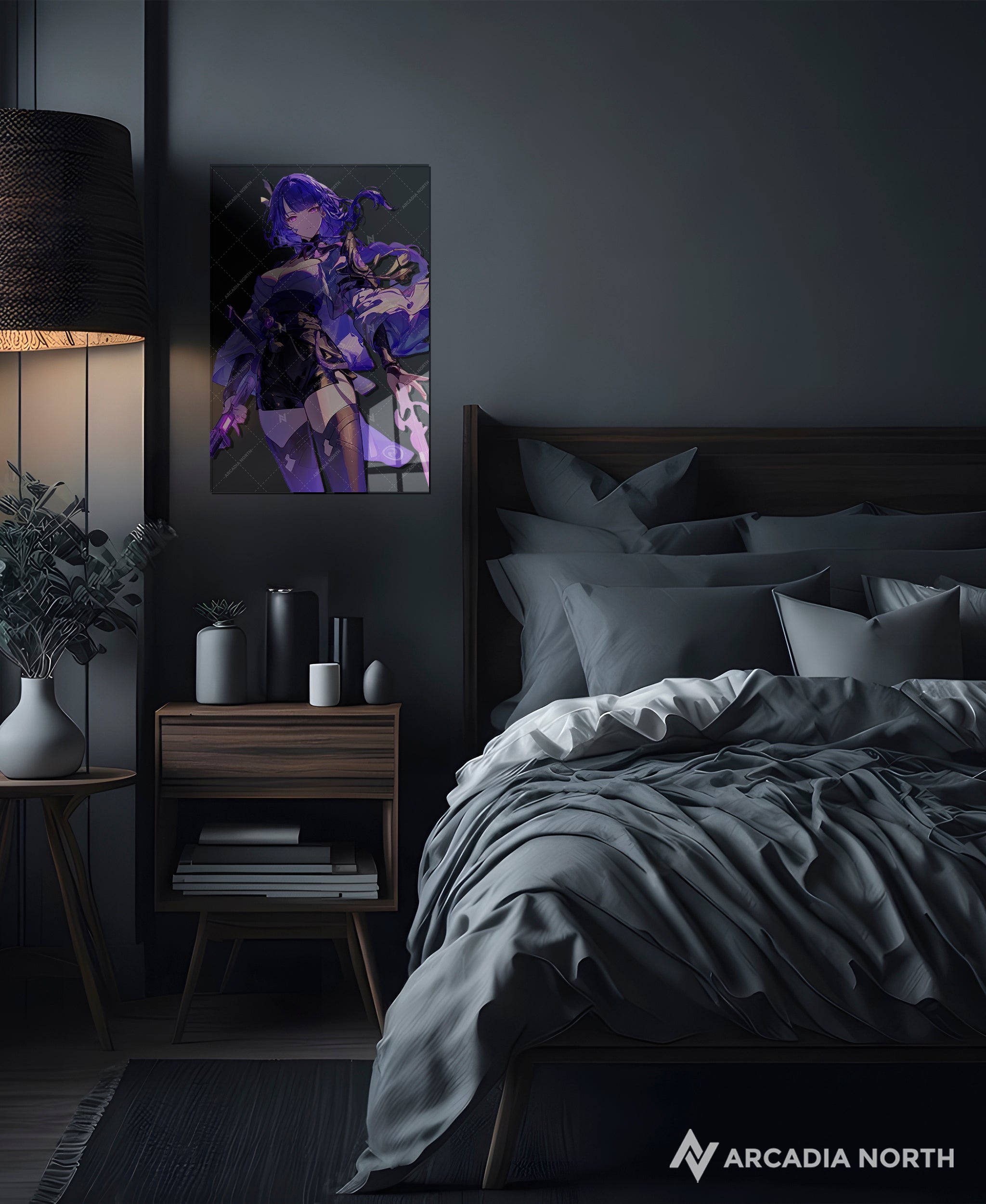 Genshin Impact gaming acrylic poster by Arcadia North. Featuring a close-up of Raiden Shogun Ei on a transparent background. Layerable acrylic poster. Can be used as a foreground for a layerable background acrylic poster.