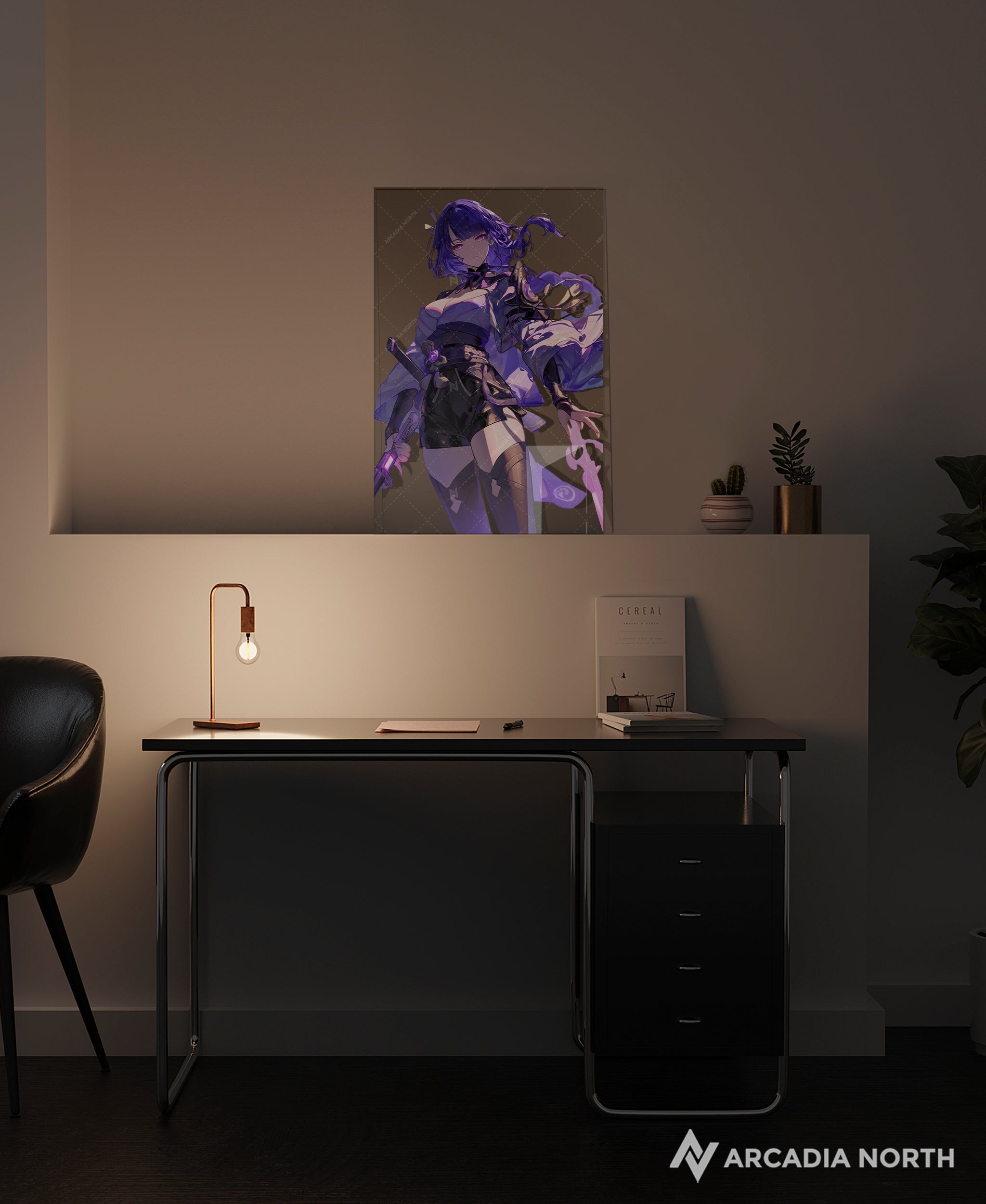 Genshin Impact gaming acrylic poster by Arcadia North. Featuring a close-up of Raiden Shogun Ei on a transparent background. Layerable acrylic poster. Can be used as a foreground for a layerable background acrylic poster.