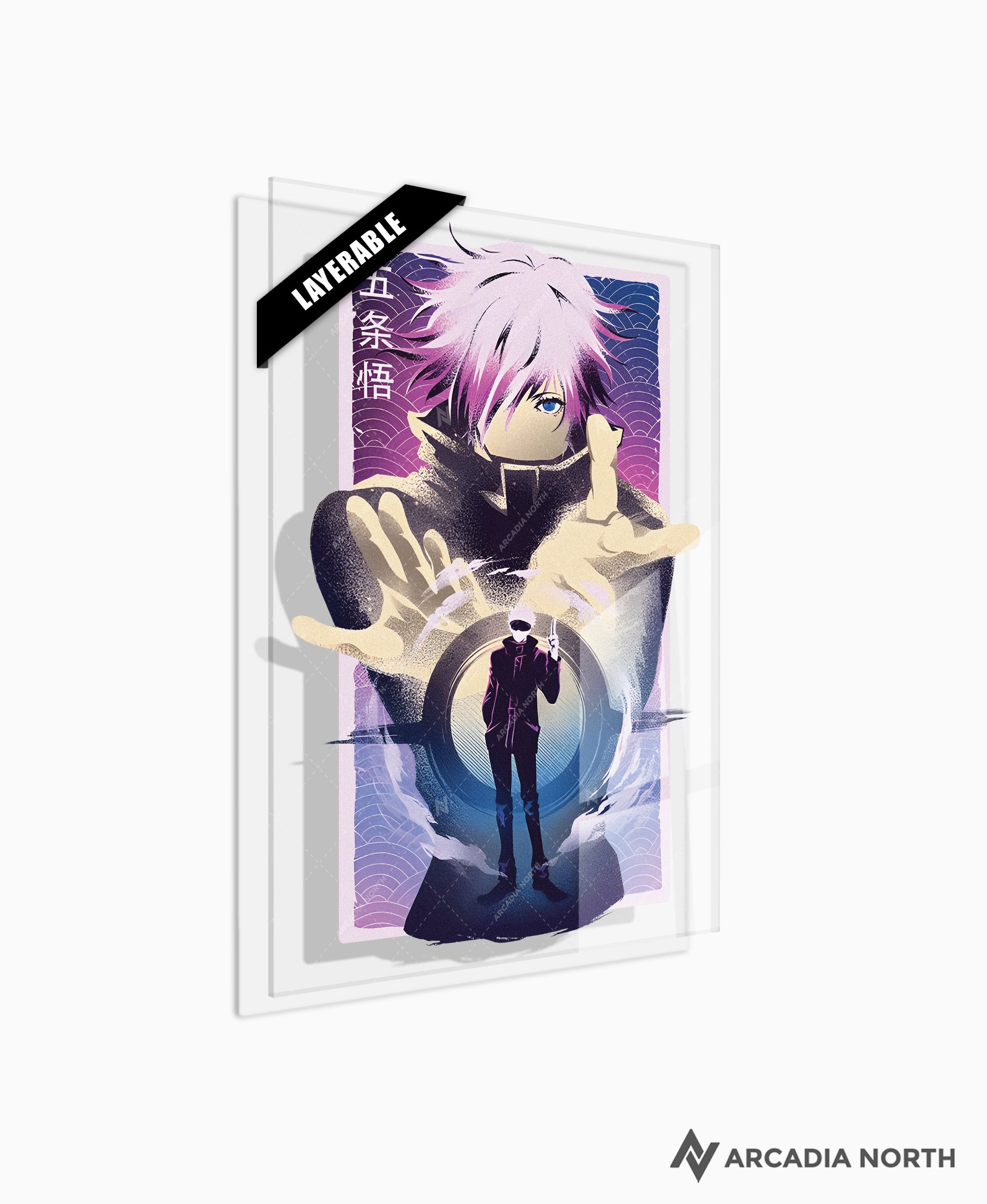 Jujutsu Kaisen anime acrylic poster by Arcadia North. Featuring Gojo Satoru Infinite Void. Transparent background. Layerable acrylic poster. Can be used as a foreground for a layerable background acrylic poster.