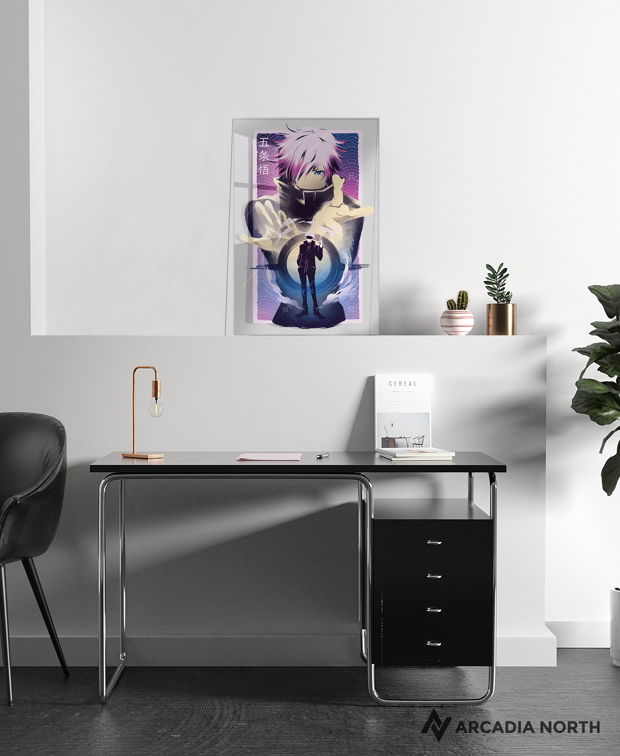 Jujutsu Kaisen anime acrylic poster by Arcadia North. Featuring Gojo Satoru Infinite Void. Transparent background. Layerable acrylic poster. Can be used as a foreground for a layerable background acrylic poster.