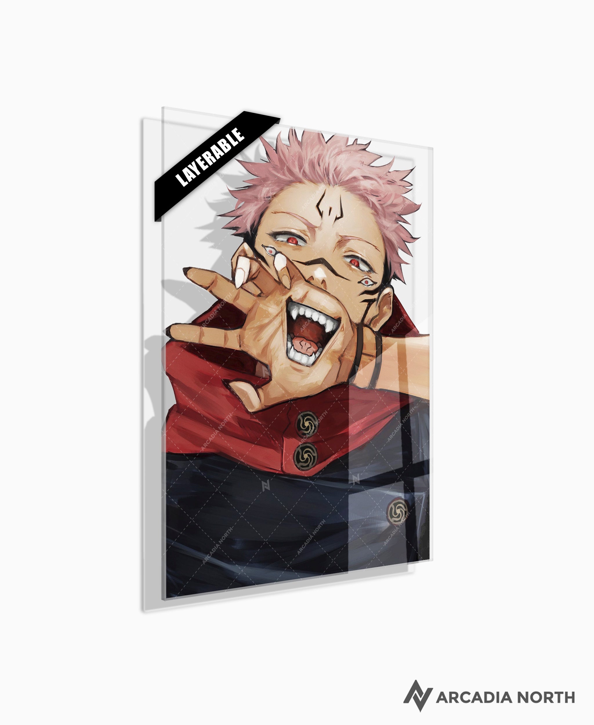 Jujutsu Kaisen anime acrylic poster by Arcadia North. Featuring a close-up of Sukuna on a transparent background. Layerable acrylic poster. Can be used as a foreground for a layerable background acrylic poster. Acrylic wall art printed on acrylic.