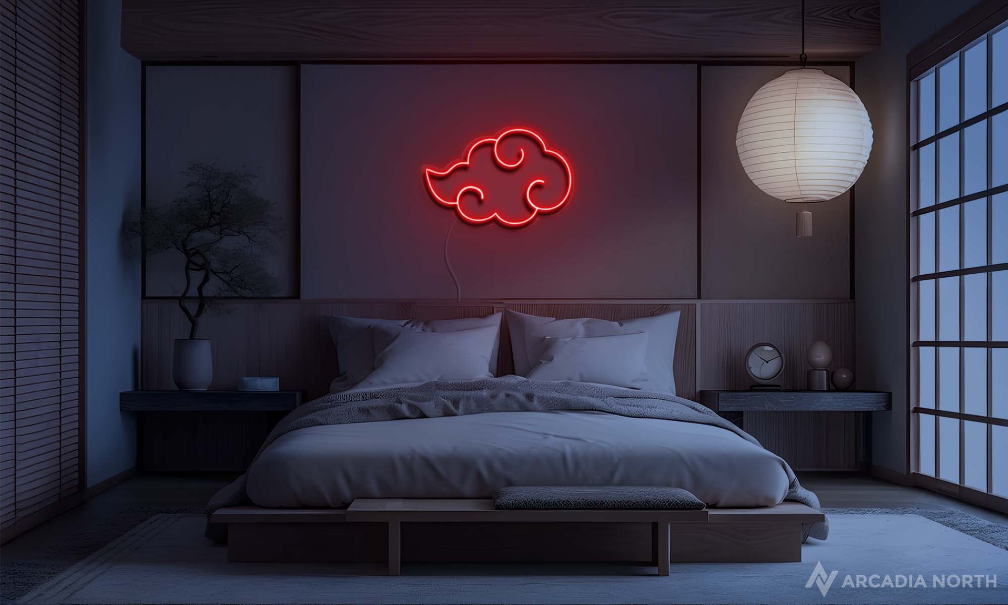 Modern Japanese style bedroom with a red Naruto Akatsuki cloud neon sign on the wall above a bed