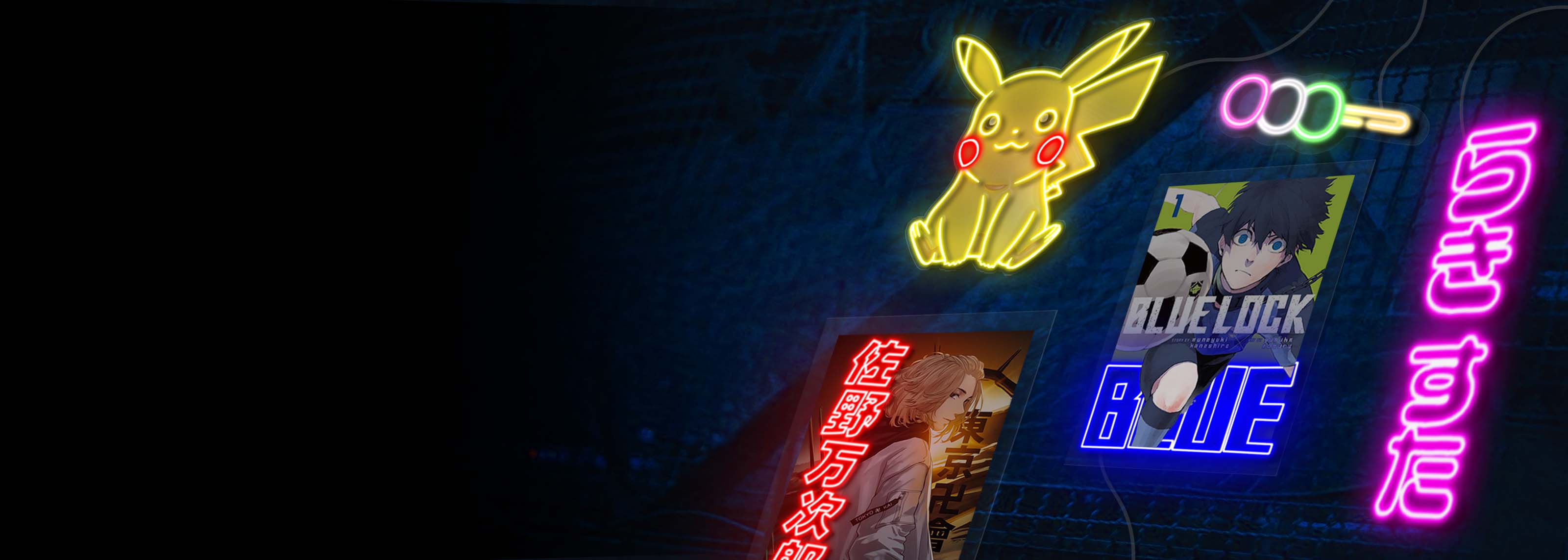 Anime neon signs and anime LED neon posters glowing on a wall