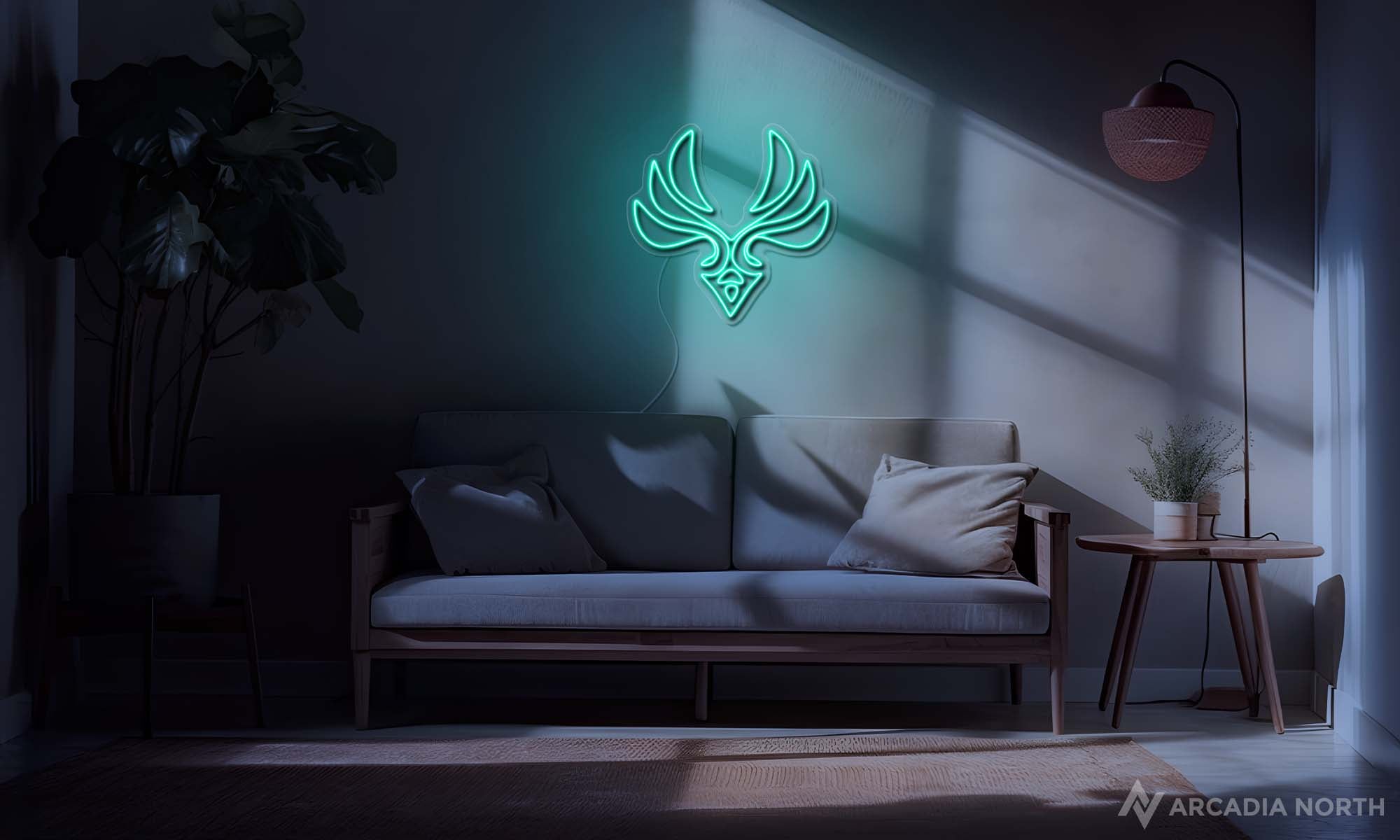 Modern living room with a green Genshin Impact anemo neon sign glowing light on the wall