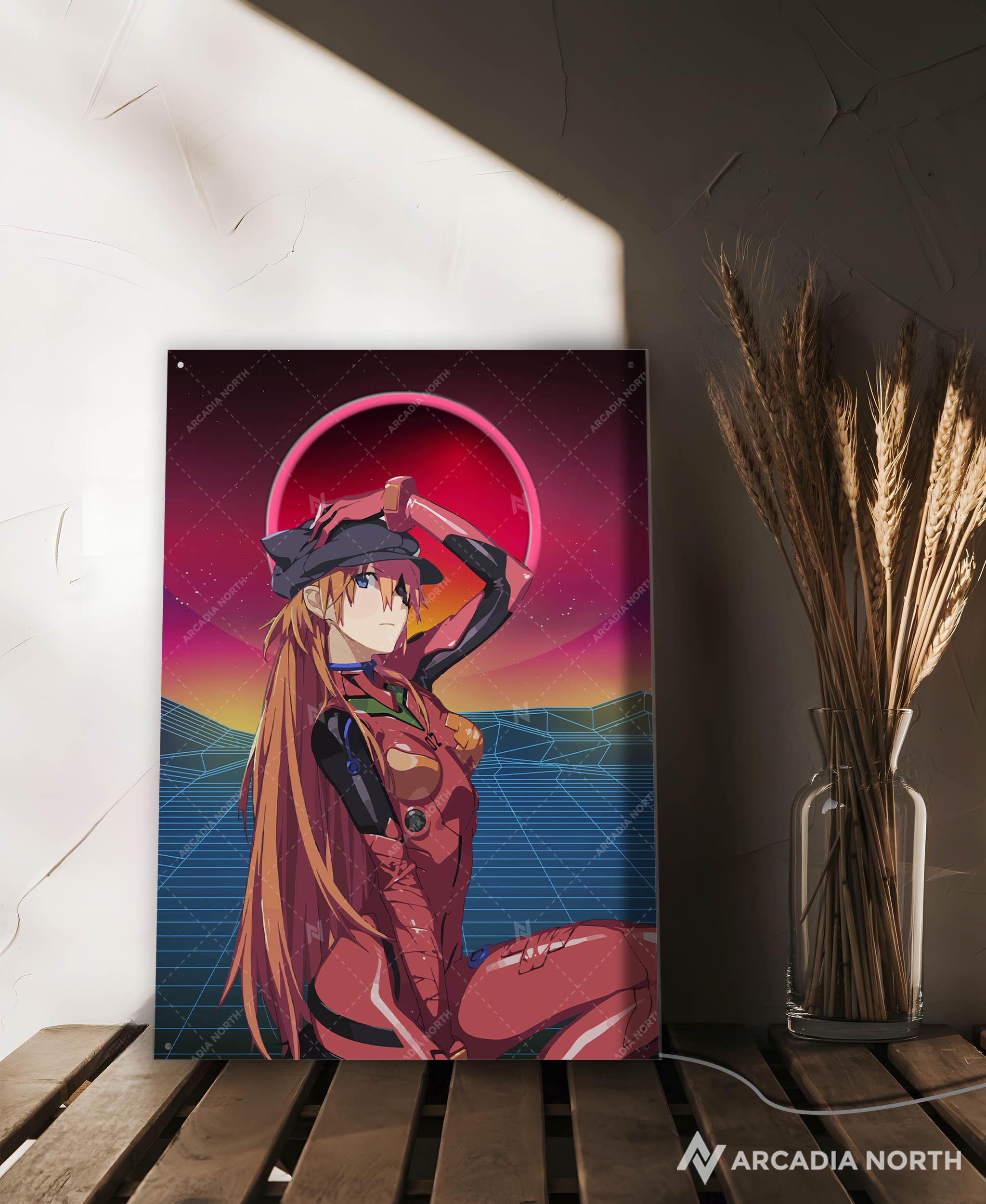 Arcadia North AURALIGHT - an LED Poster featuring the anime Neon Genesis Evangelion with Asuka Langley Soryu on a synthwave style backdrop. Illuminated by glowing neon LED lights. UV-printed on acrylic.