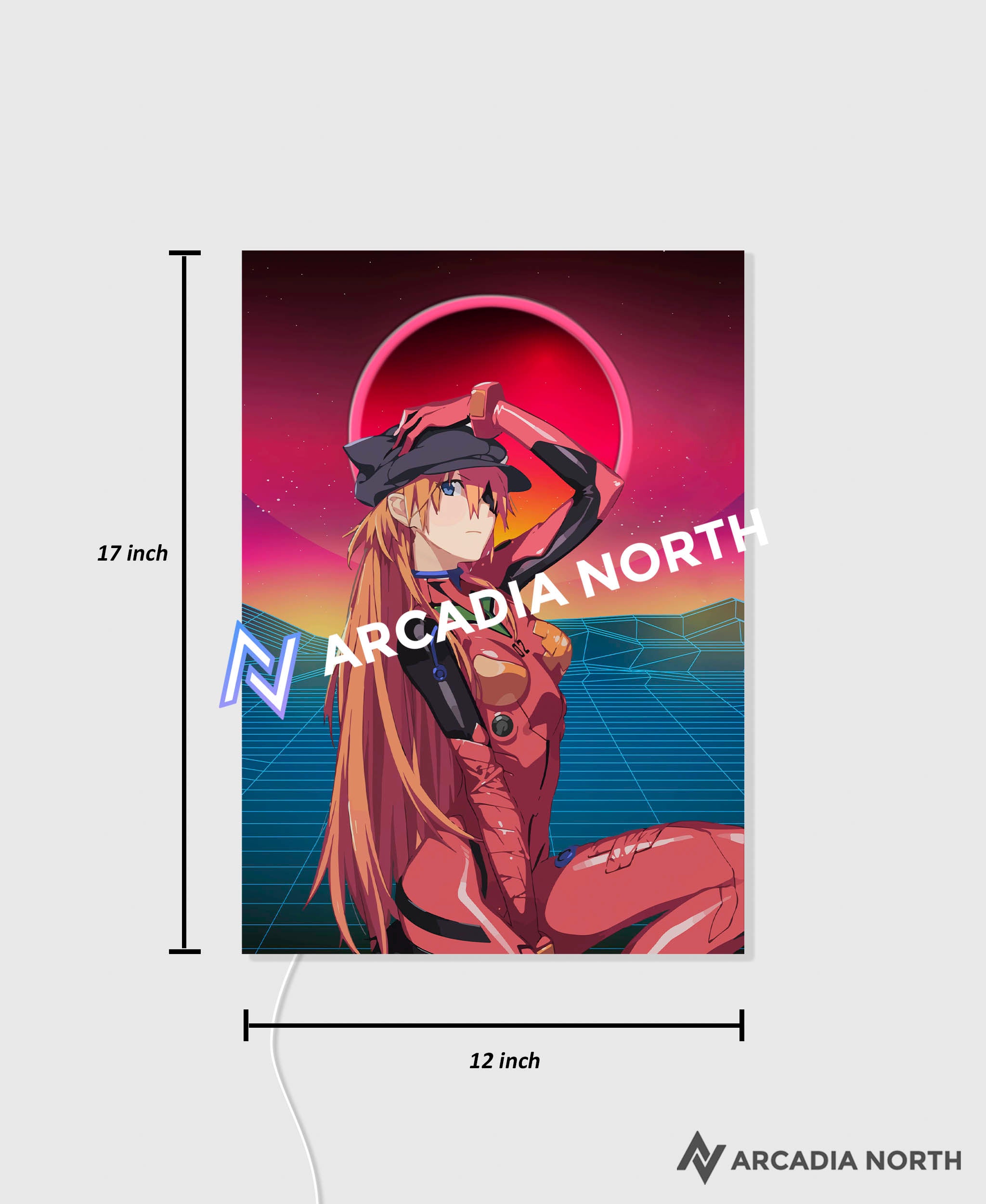 Arcadia North AURALIGHT Original LED Poster featuring the anime Neon Genesis Evangelion with Asuka Langley Soryu on a synthwave style backdrop. Illuminated by glowing neon LED lights. UV-printed on acrylic.