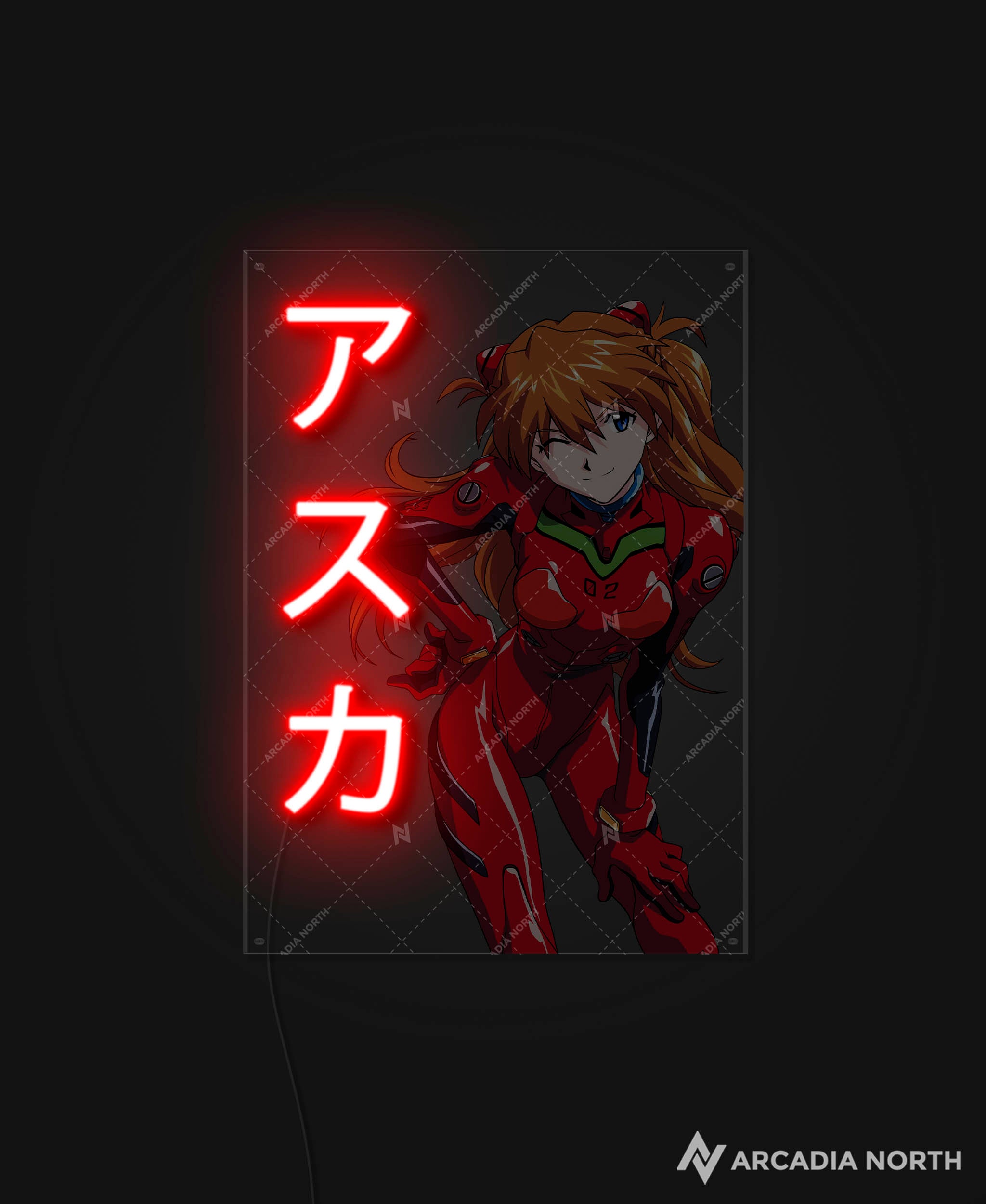 Arcadia North AURALIGHT - an LED Poster featuring the anime Neon Genesis Evangelion with Asuka Langley Soryu and her name Asuka written in Japanese Katakana. Illuminated by glowing neon LED lights. UV-printed on acrylic.