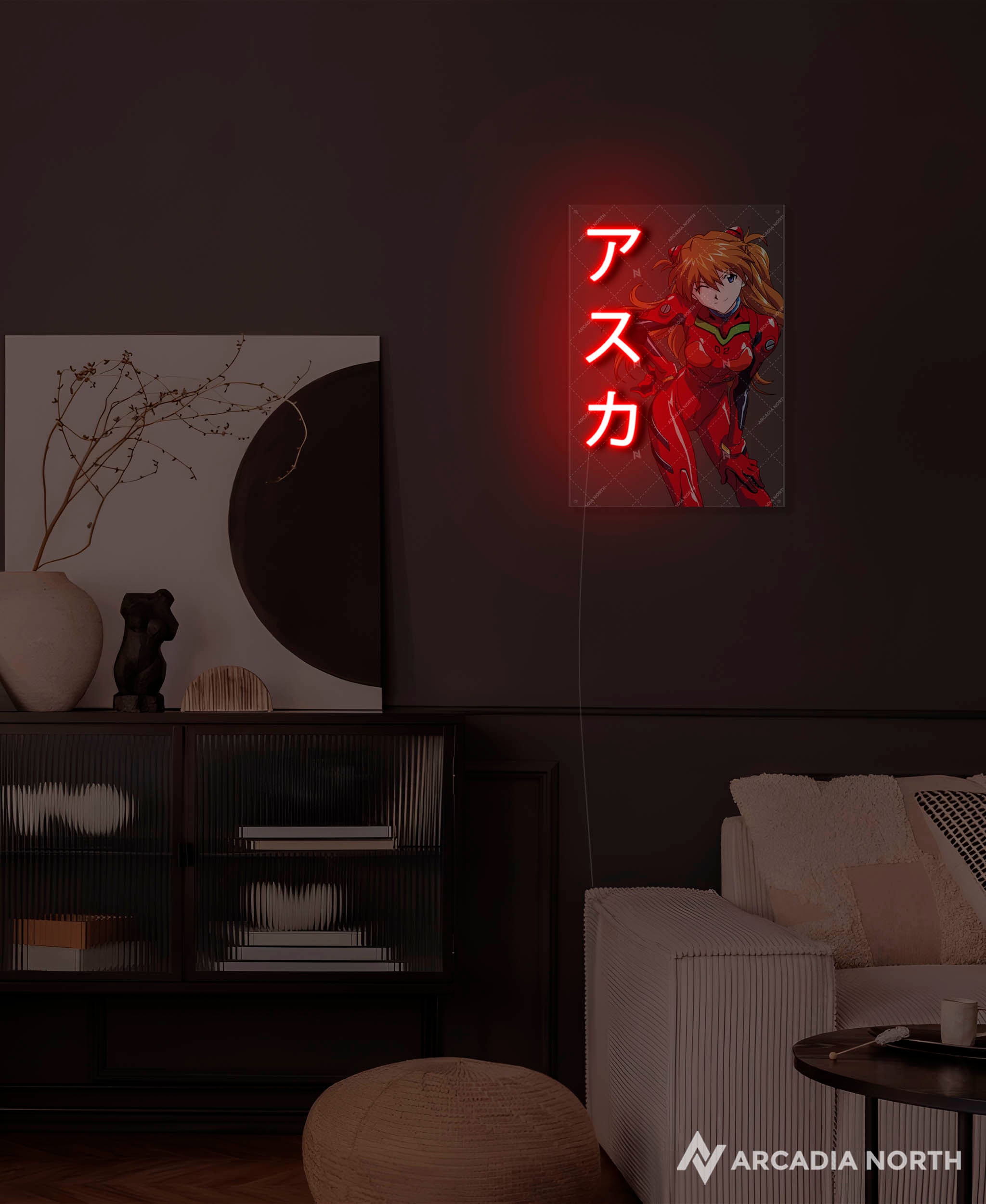 Arcadia North AURALIGHT - an LED Poster featuring the anime Neon Genesis Evangelion with Asuka Langley Soryu and her name Asuka written in Japanese Katakana. Illuminated by glowing neon LED lights. UV-printed on acrylic.