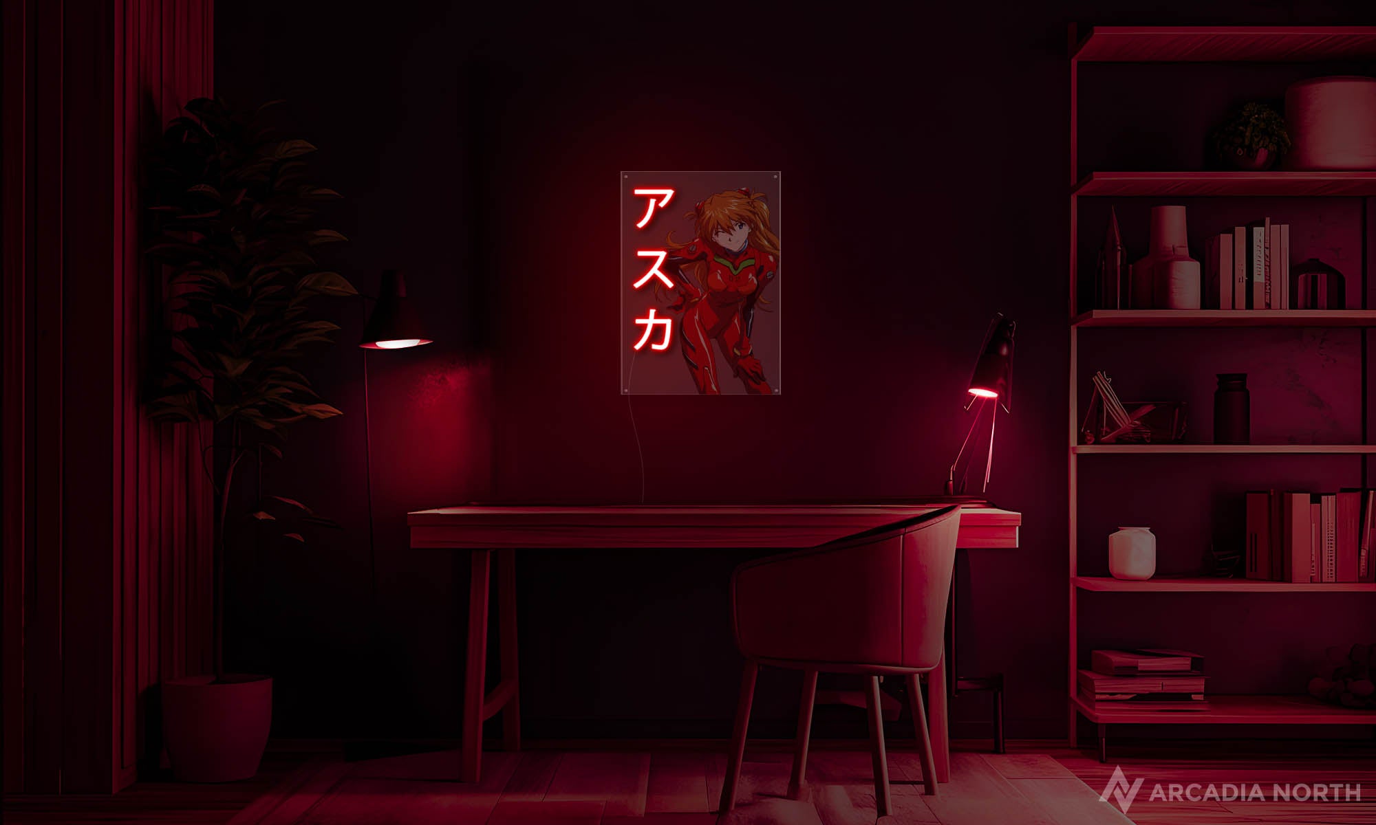 Arcadia North Original LED Poster featuring the anime Neon Genesis Evangelion with Asuka Langley Soryu and Asuka in Japanese Katakana illuminated by glowing neon LED lights. UV-printed on acrylic.