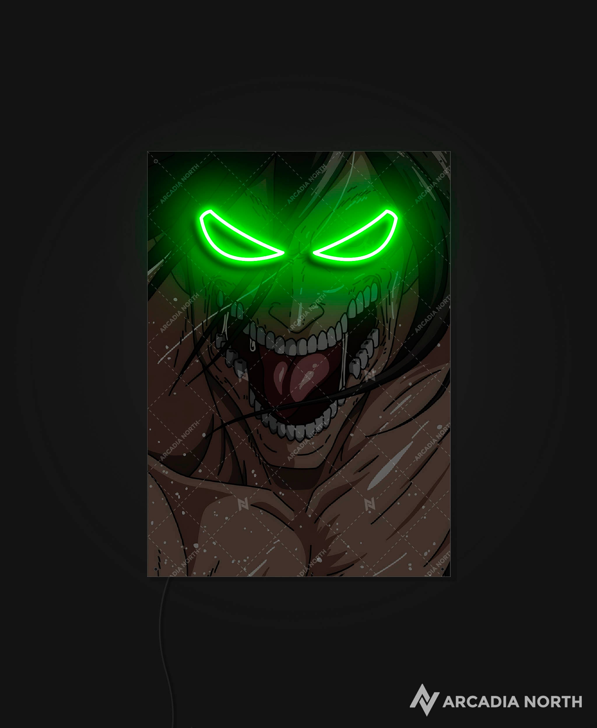 Arcadia North AURALIGHT - an LED Poster featuring the anime Attack on Titan with Eren as the Attack TItan with glowing green eyes. Illuminated by glowing neon LED lights. UV-printed on acrylic.