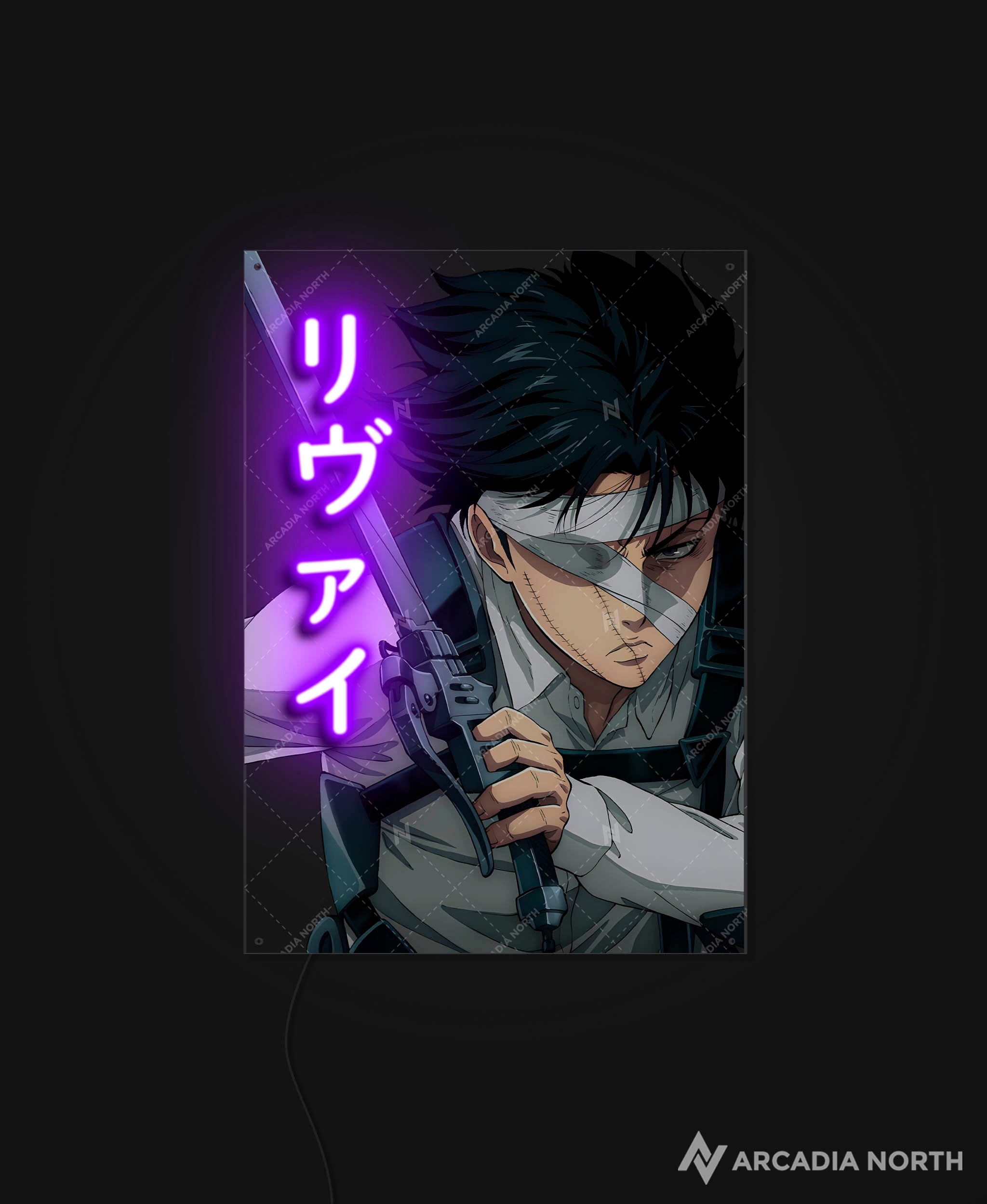 Arcadia North AURALIGHT - an LED Poster featuring the anime Attack on Titan with Levi Ackerman. Levi is written in Japanese Kana and illuminated by glowing neon LED lights. UV-printed on acrylic.