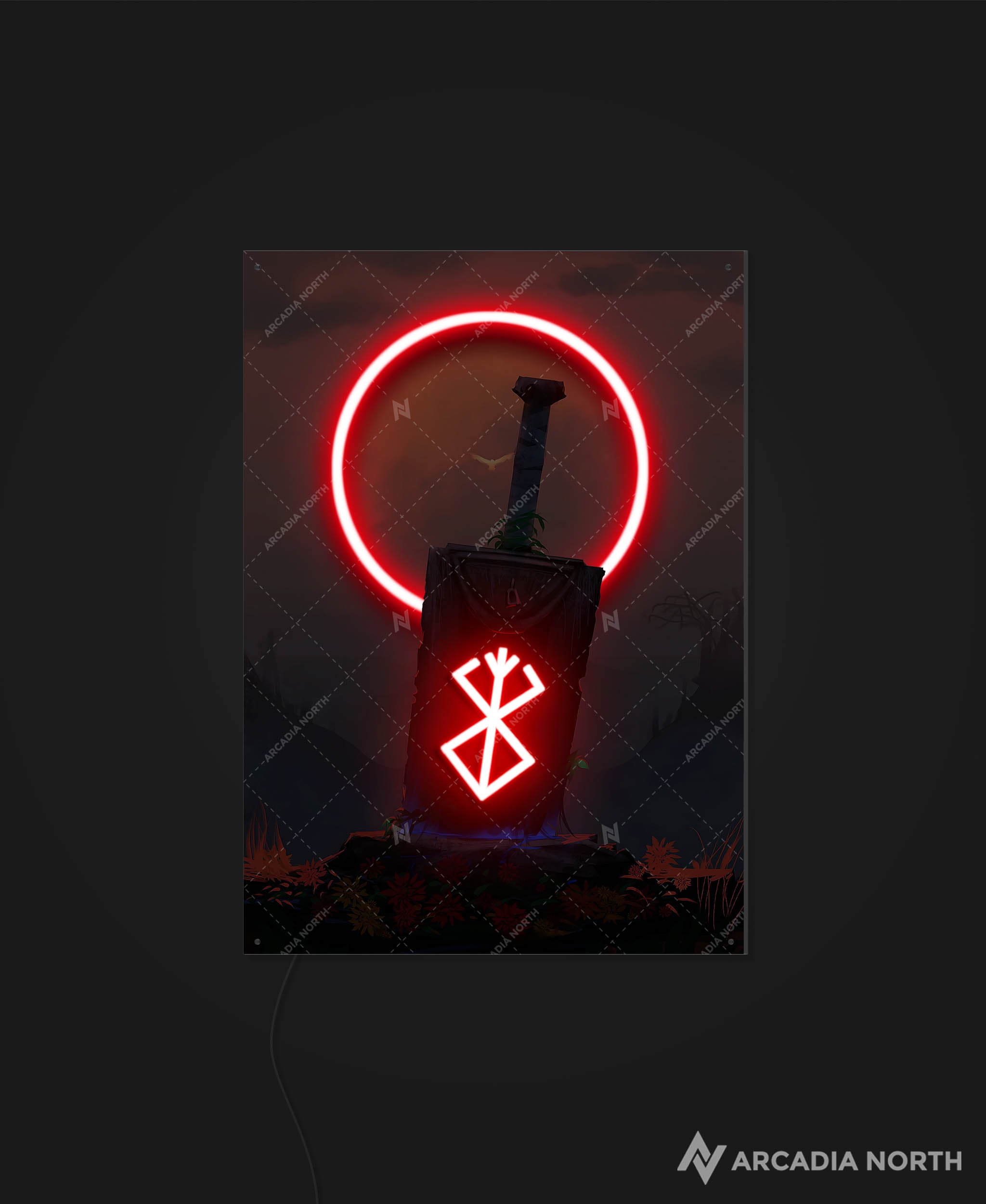 Arcadia North AURALIGHT - an LED Poster featuring the anime Berserk with Guts' Dragon Slayer sword and Brand of Sacrifice illuminated by glowing neon LED lights and UV-printed on acrylic