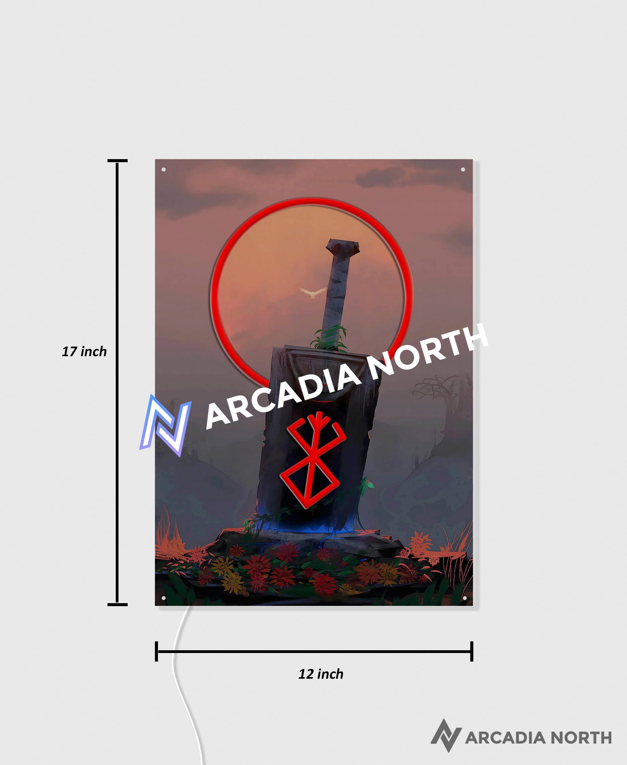 Arcadia North AURALIGHT Original LED Poster featuring the anime Berserk with Guts' Dragon Slayer sword and Brand of Sacrifice illuminated by glowing neon LED lights and UV-printed on acrylic