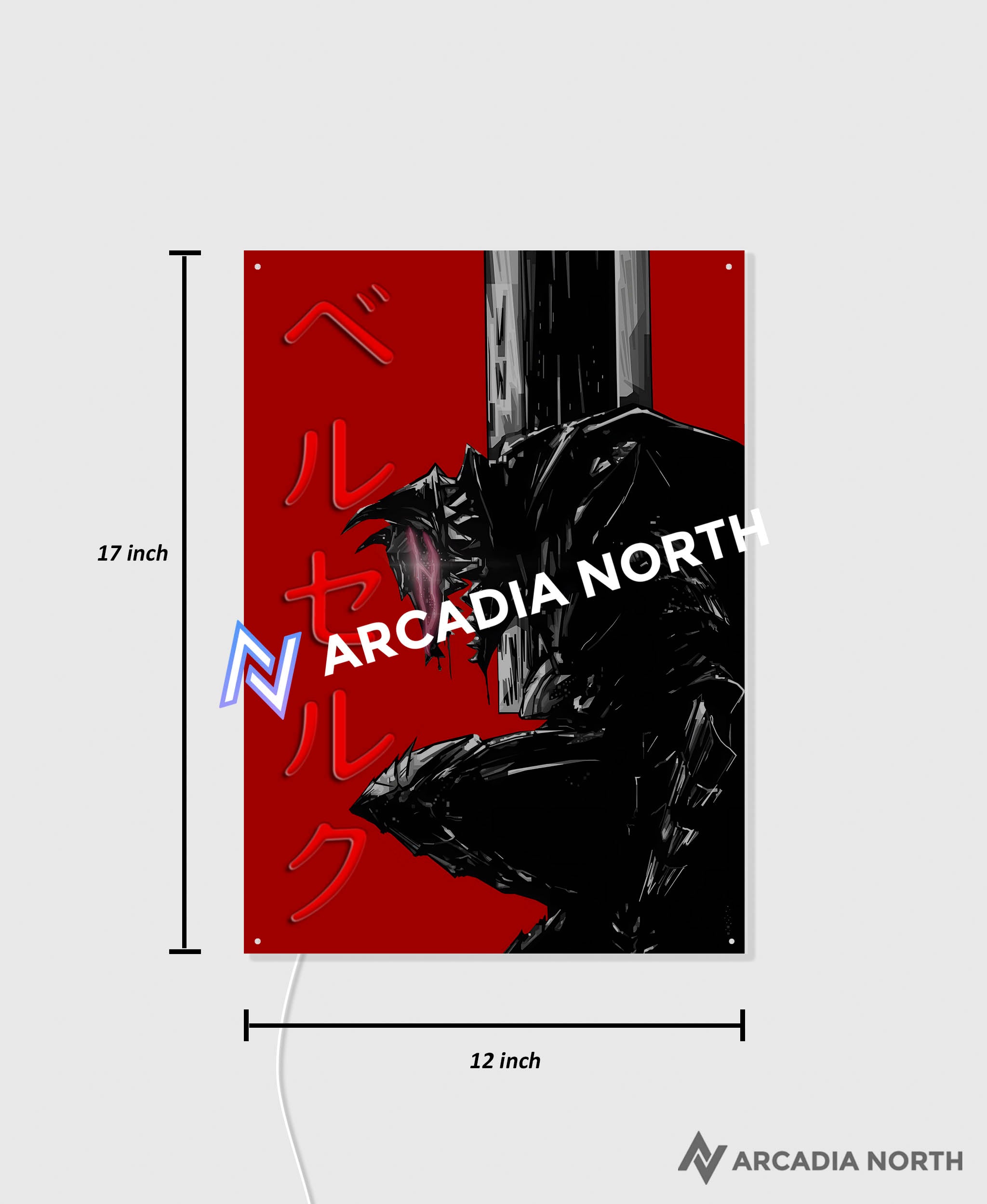 Arcadia North AURALIGHT Original LED Poster featuring the anime Berserk with Guts in Berserker Armor and the Beast of Darkness, illuminated by Berserk in Japanese Katakana in glowing neon LED light. UV-printed on acrylic.