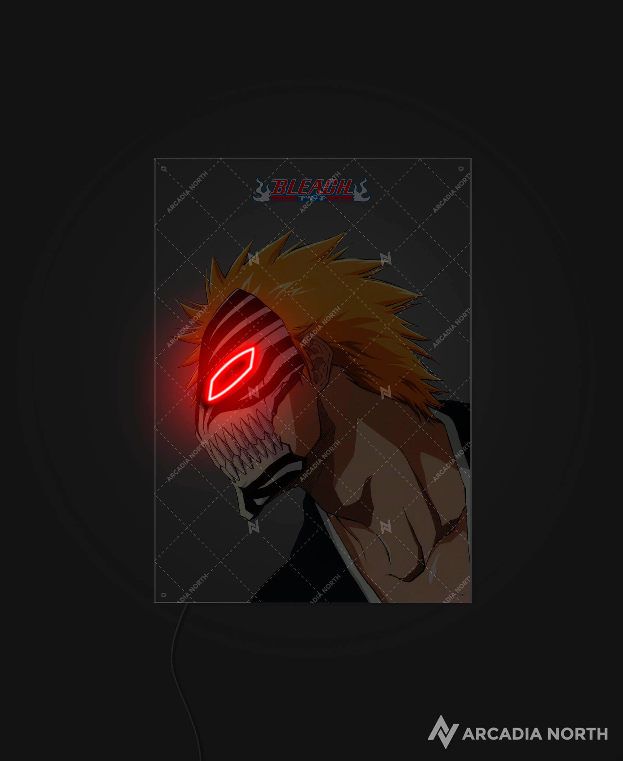 Arcadia North AURALIGHT - an LED Poster featuring the anime Bleach with Ichigo Kurosaki with his Hollow mask on with eyes illuminated by glowing neon LED light. UV-printed on acrylic.