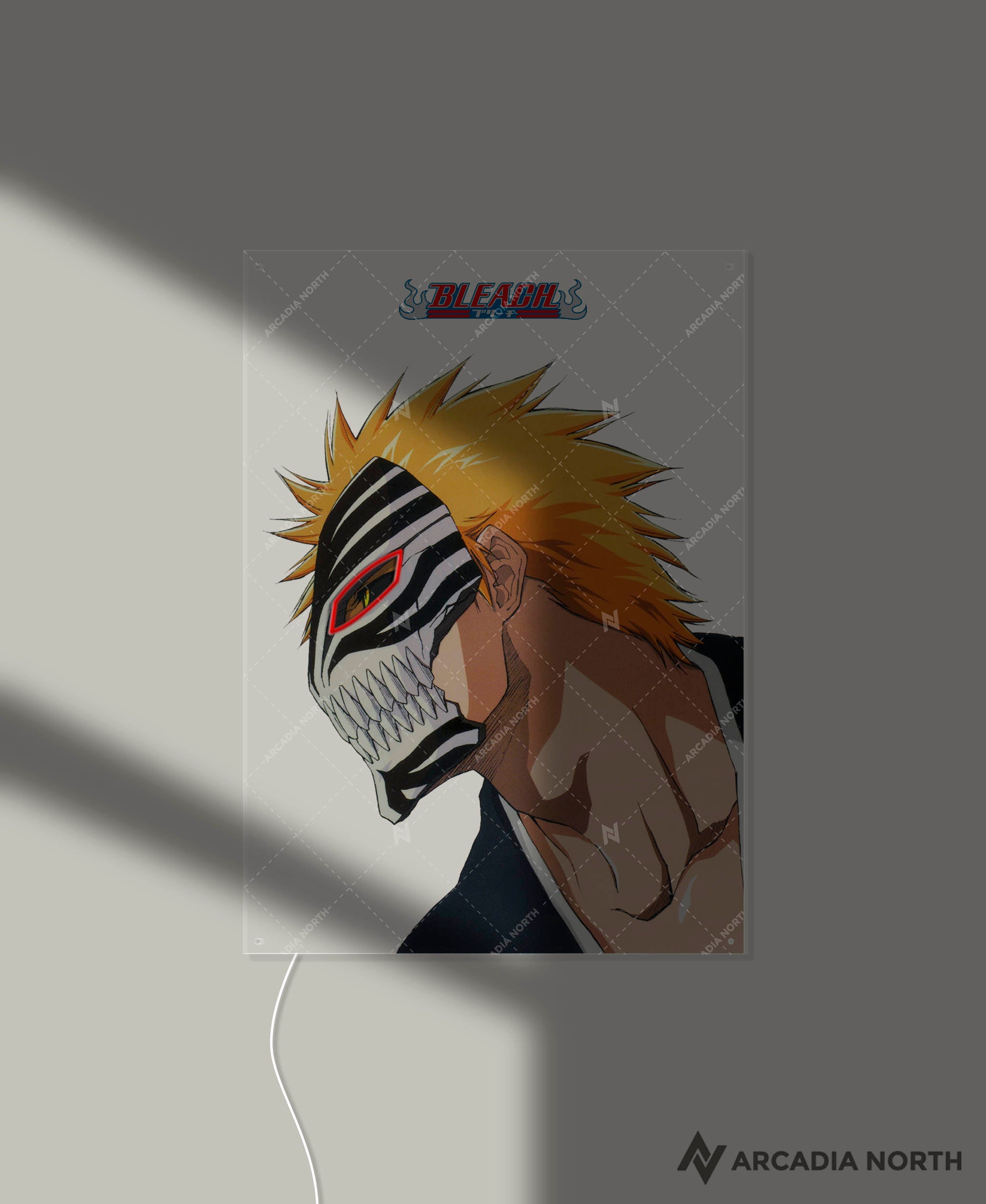 Arcadia North AURALIGHT - an LED Poster featuring the anime Bleach with Ichigo Kurosaki with his Hollow mask on with eyes illuminated by glowing neon LED light. UV-printed on acrylic.